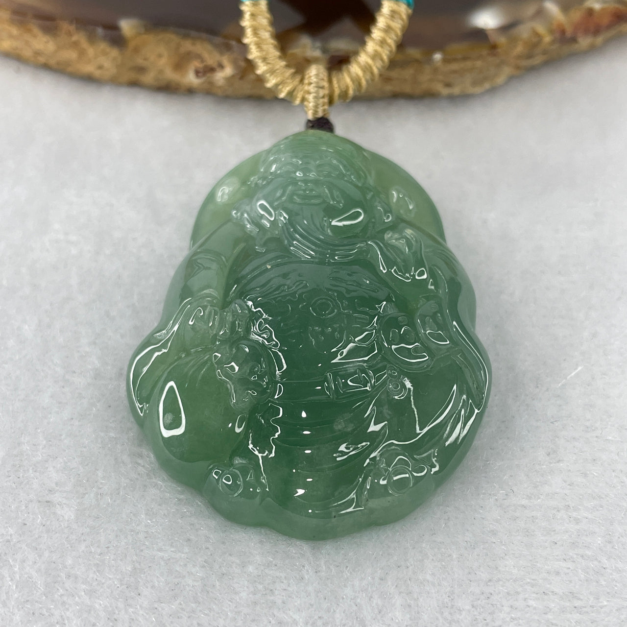 Certified Type A Jelly Blueish-Green Jadeite Cai Shen Pendant | Ultra-Translucent Liquid-Glass God of Wealth Sculpture | 100% Natural Grade A Fei Cui Masterpiece (35.60g | 46.8x35.7x11.2mm)