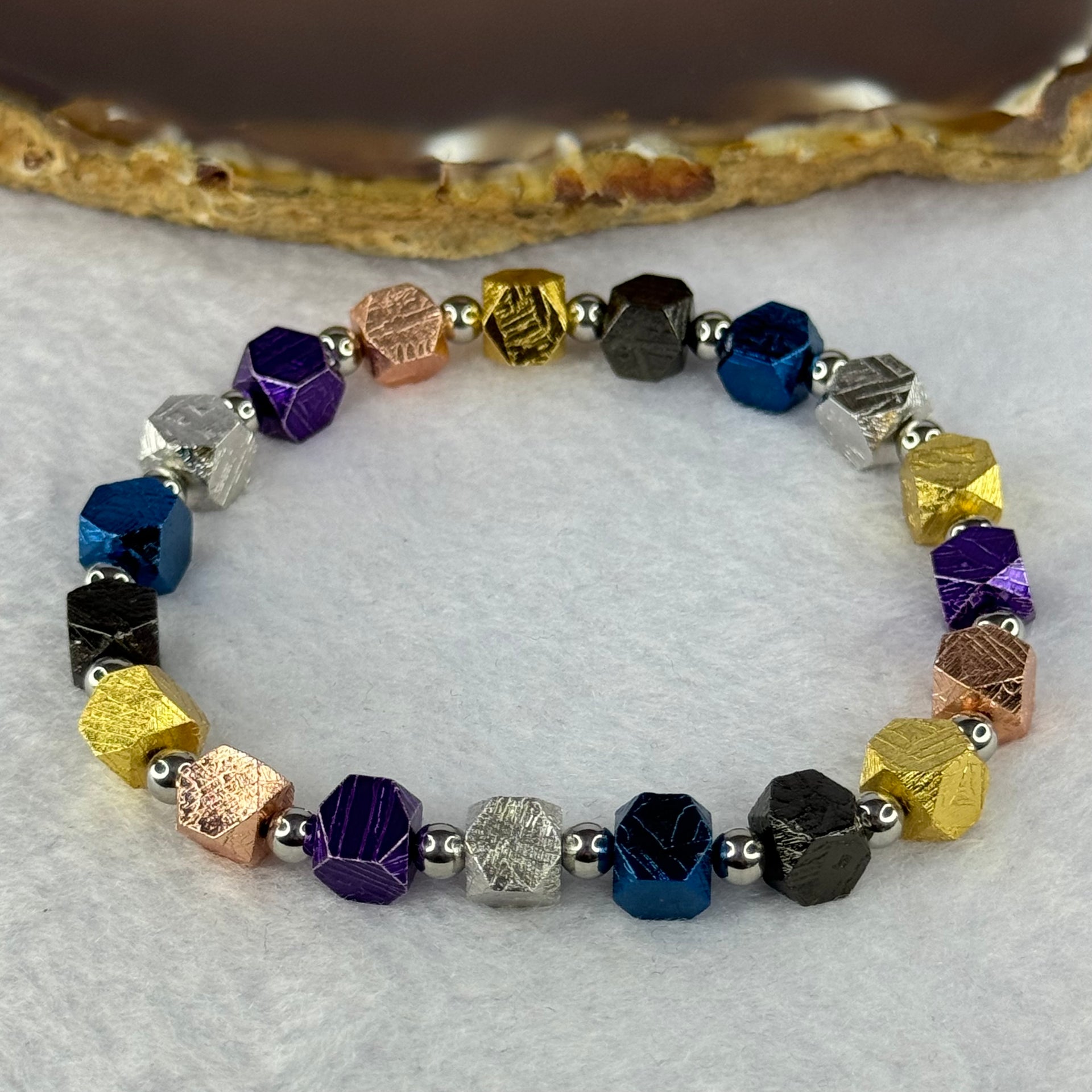 Natural Meteorite in Multi Color Blocks with Mini Stainless Steel Beads Bracelet 天然天铁手链 36.39g 16cm 6.4mm 19 pcs - Huangs Jadeite and Jewelry Pte Ltd