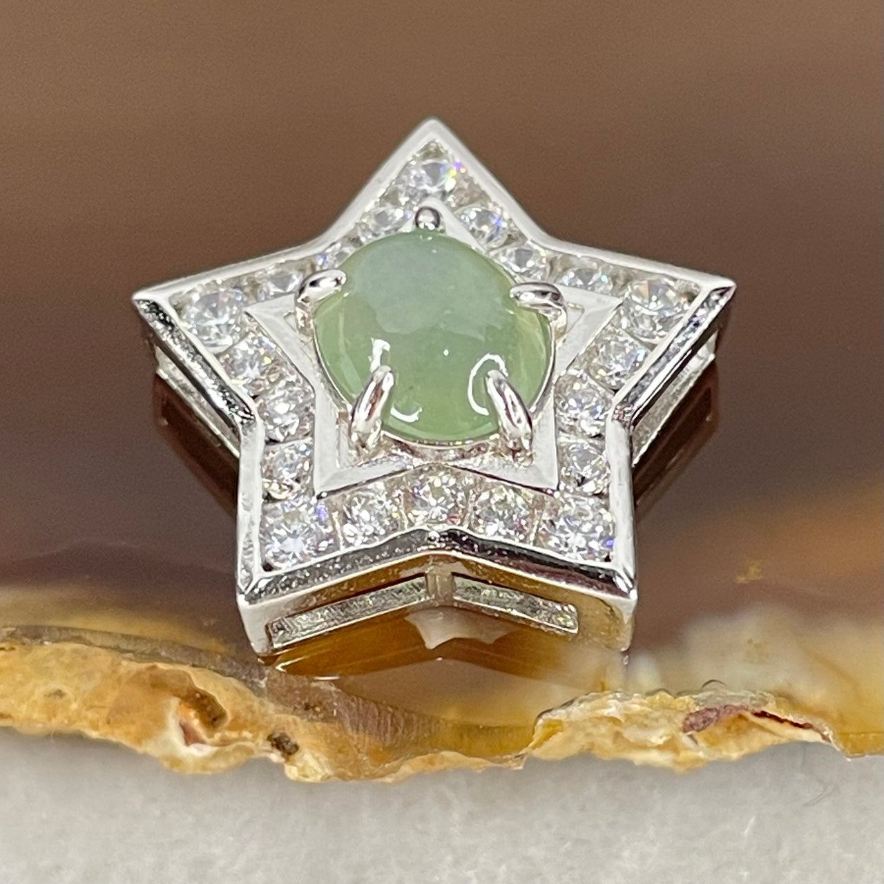 Type A Semi Icy Blueish Green Cabochon Jadeite in S925 Sliver Star with Crystal Charm 2.36g 7.4 by 6.5 by 3.0mm - Huangs Jadeite and Jewelry Pte Ltd