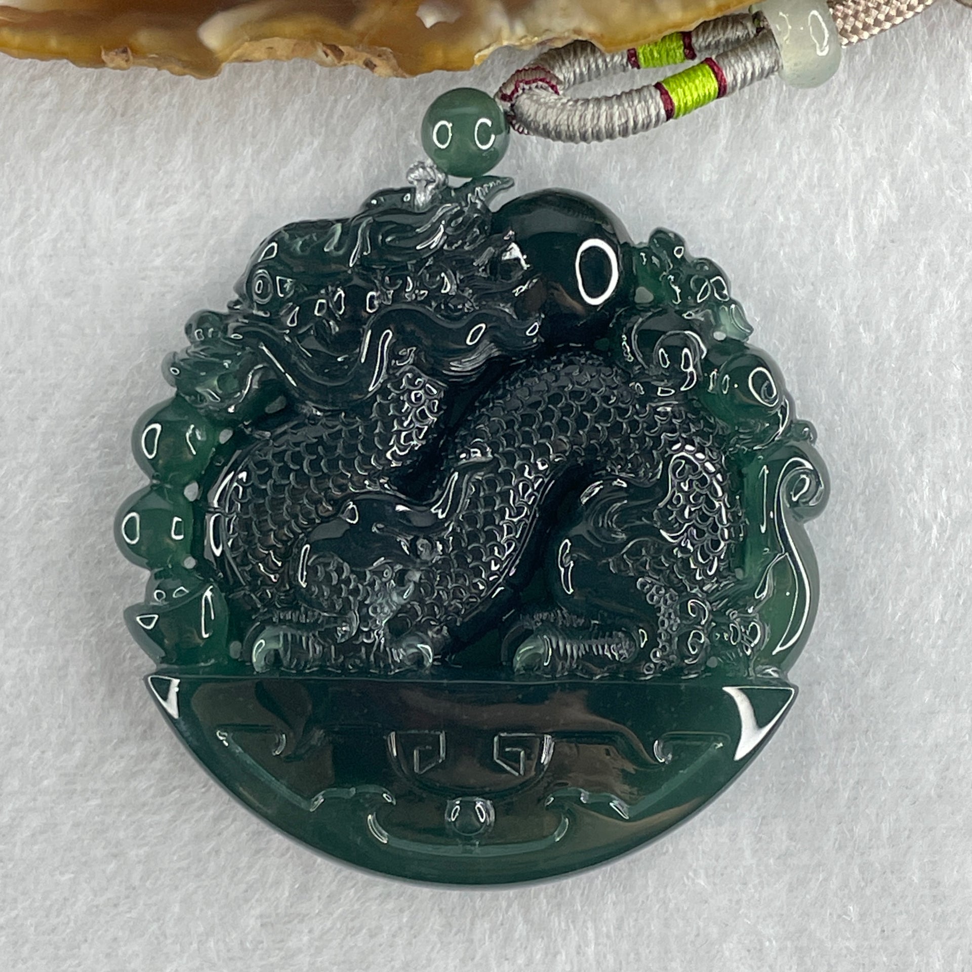 Type A Semi Icy Blueish Green Jadeite Double Dragon Pendant 71.30g 54.0 by 11.9mm - Huangs Jadeite and Jewelry Pte Ltd