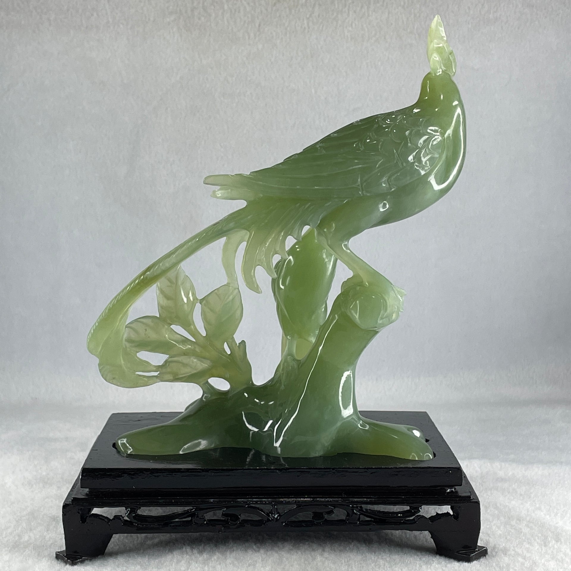 Natural Green Serpentine Double Phoenix on Tree with Wooden Stand Display 725.5g 169.0 by 210.0 by 112.0mm - Huangs Jadeite and Jewelry Pte Ltd