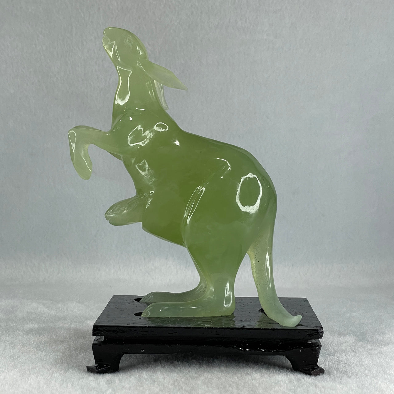 Natural Green Serpentine Kangaroo and Baby with Wooden Stand Display 374.2g 108.0 by 150.0 by 72.0mm - Huangs Jadeite and Jewelry Pte Ltd