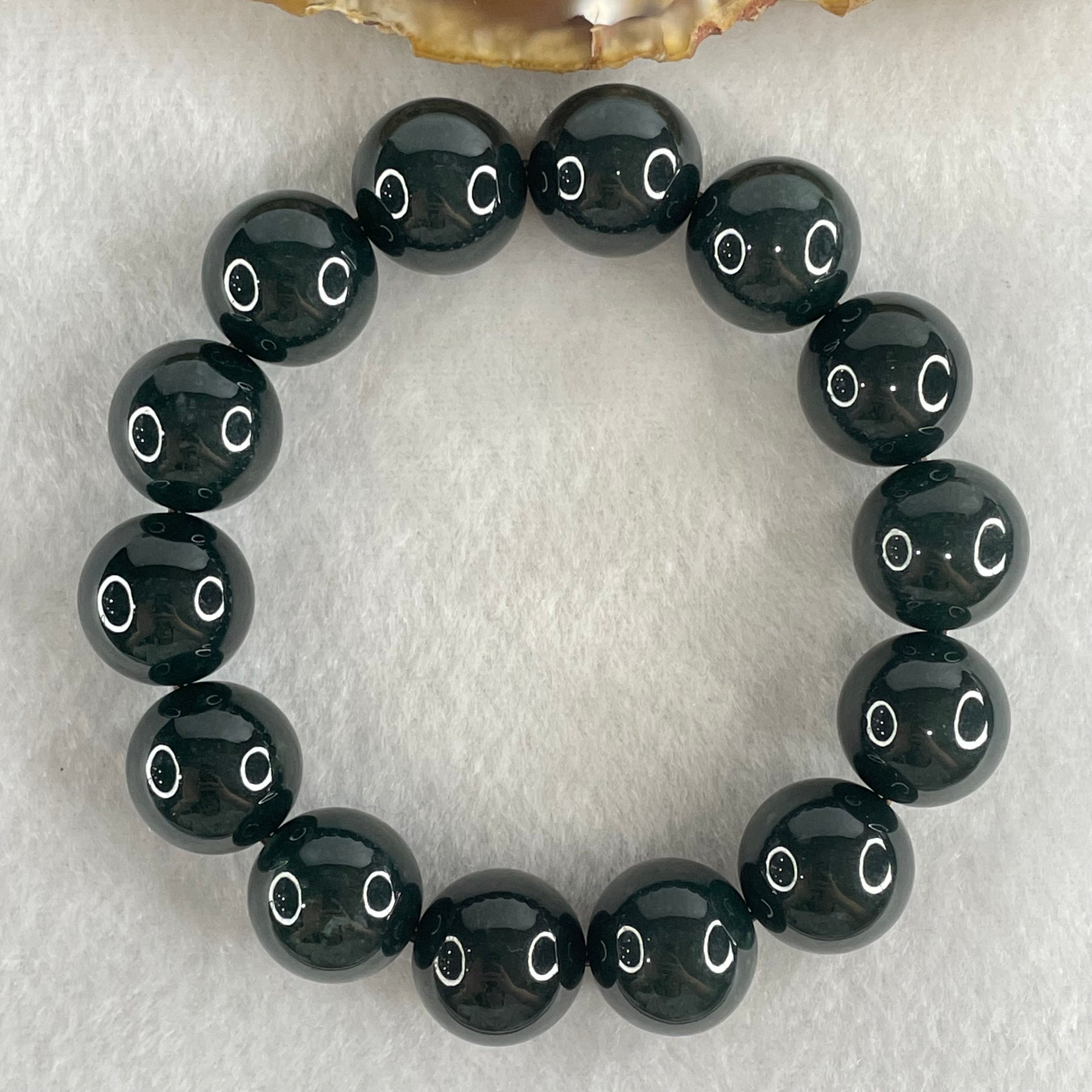 Rare High End Type A Highly Translucent Black Omphacite Jadeite Beads Bracelet 80.55g 16cm 15.0mm 14 Beads - Huangs Jadeite and Jewelry Pte Ltd