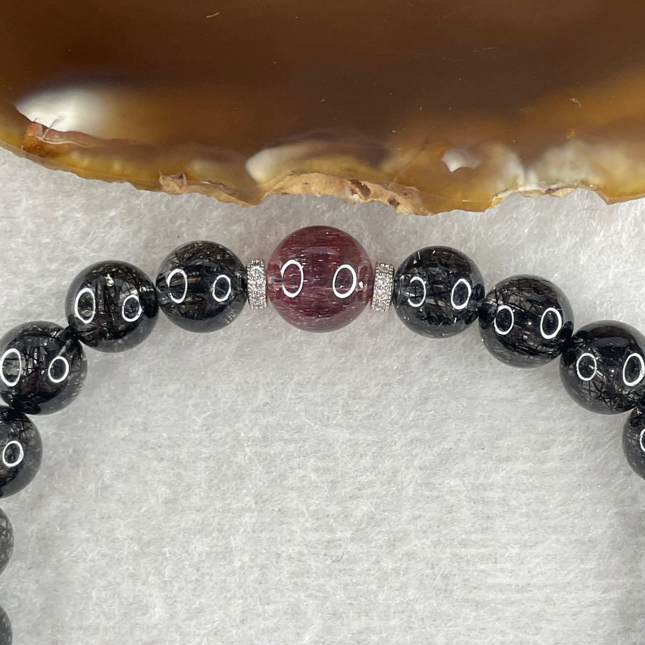 Natural Black Rutilated Quartz with Strawberry Quartz Beads Bracelet 17.79g 16cm 8.2mm 22Beads - 9.4mm 1Bead - Huangs Jadeite and Jewelry Pte Ltd