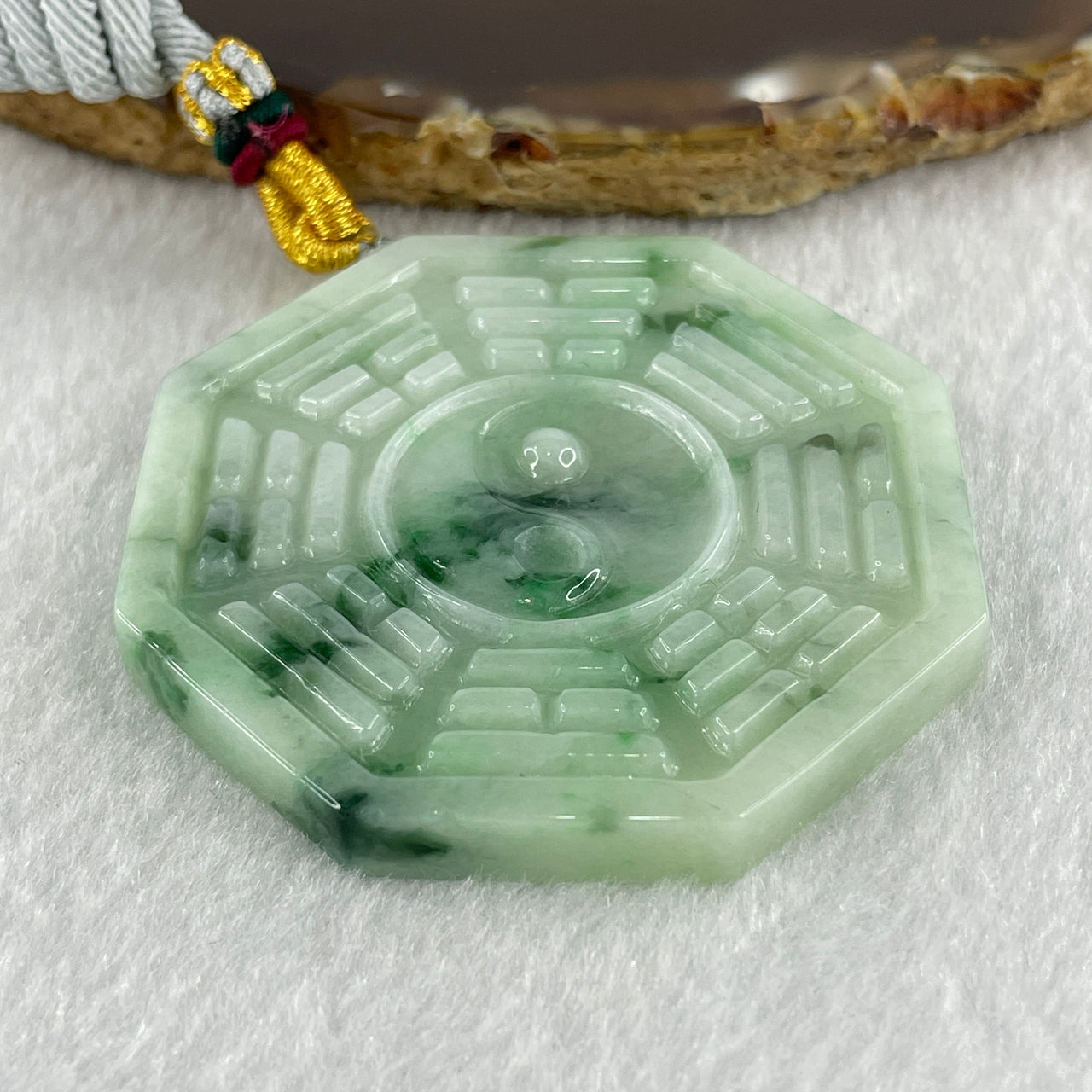Natural Type A Light Green with Green Piao Hua Jadeite Bagua Pendant 36.46g 55.2 by 6.1mm