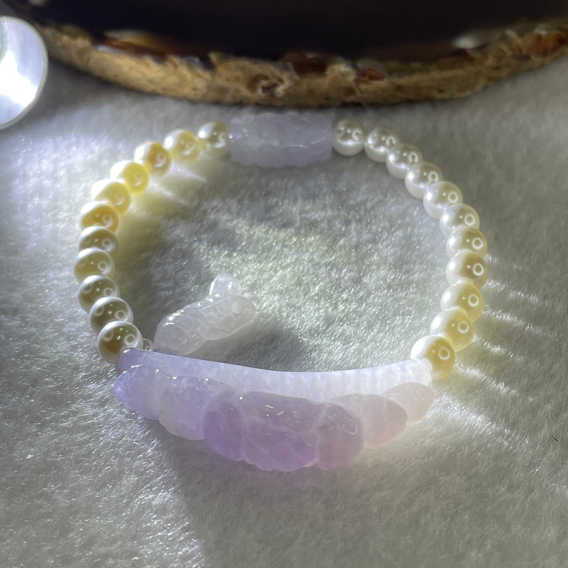 Natural Type A Intense Lavender Jadeite Flower with Faux Pearl Beads Bracelet 17.09g 15.5cm 40.0 by 10.3 by 10.5mm - 17.0 by 9.4 by 5.8mm - Huangs Jadeite and Jewelry Pte Ltd