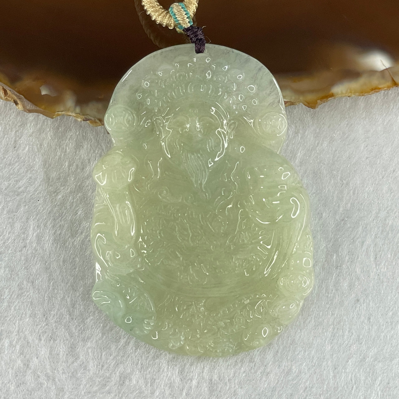 Type A Light Green Jadeite Cai Shen Ye God Of Fortune Pendant 22.73g 53.5 by 39.7 by 5.4mm