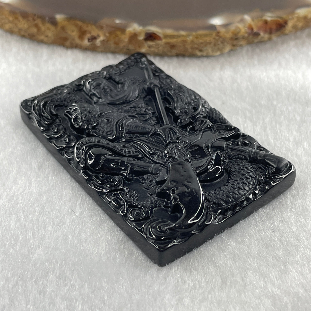 Type A Opaque to Partial Translucent Black Omphacite Jadeite Guan Gong with Dragon Pendant 26.12g 57.7 by 38.8 by 7.8mm - Huangs Jadeite and Jewelry Pte Ltd