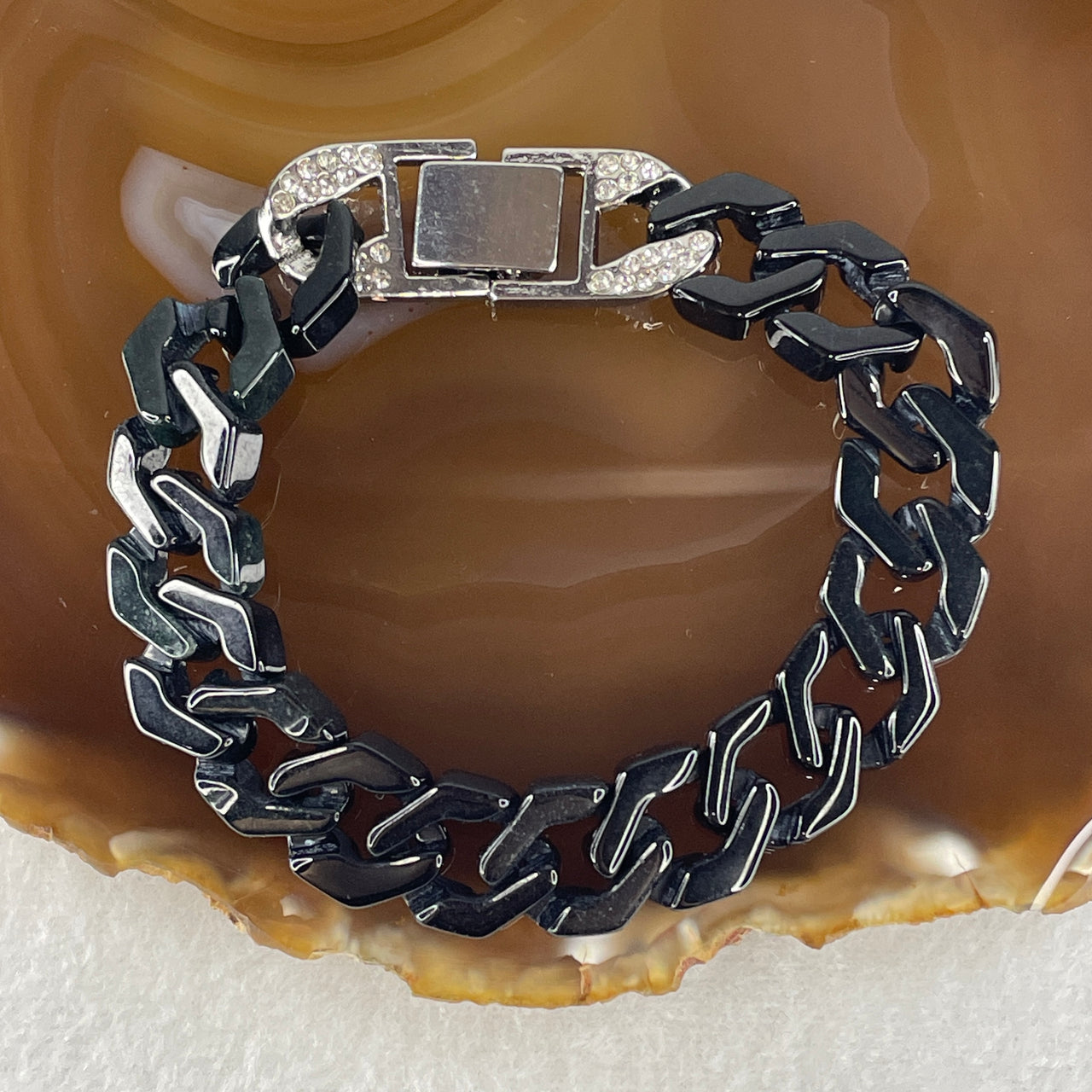 Certified Natural Type A Black Omphacite Jadeite Cuban Tennis Bracelet with Sliver Color and Cubic Zirconia Clap 29.72g Up to 19cm 14.0 by 5.0mm 17 Pcs