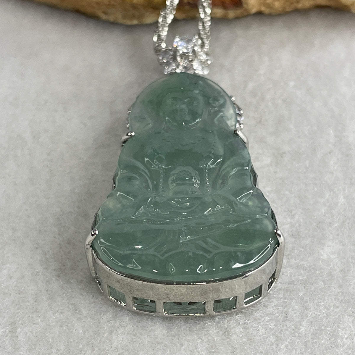 Natural Type A Icy Blueish Green Jadeite Guanyin Pendant Necklace in S925 Silver | (23.44g | 59cm S925 | 39.5 x 25.0 x 2.5mm | Compassion, Peace & Lifelong Protection Anchor, Feng Shui Guardian) - Huangs Jadeite and Jewelry Pte Ltd