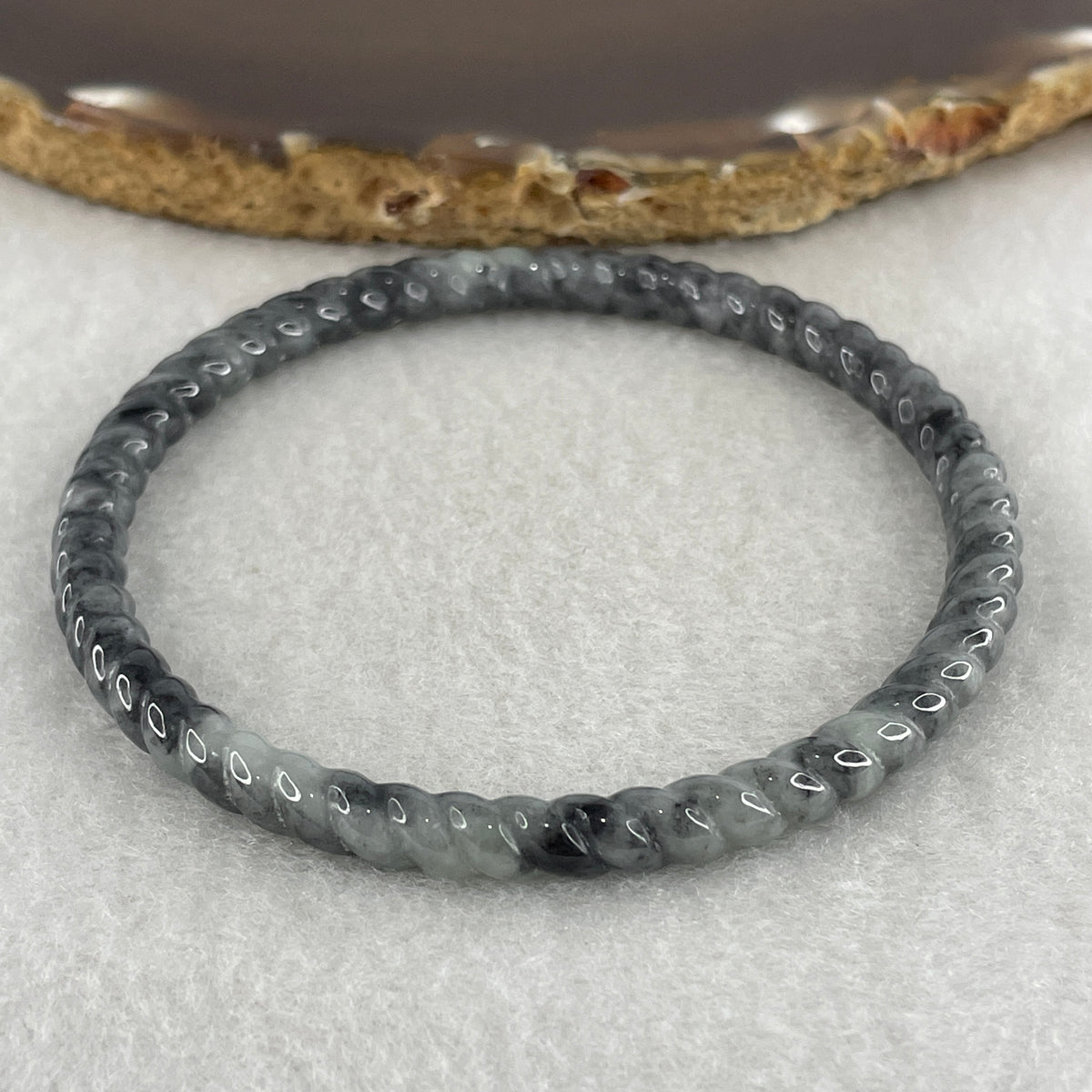 Natural Type A Wuji Grey Jadeite Twisted Bangle | 59.2mm Inner Diameter (13.87g 5.3x5.4mm | Continuous Fortune & Root Shield) - Huangs Jadeite and Jewelry Pte Ltd