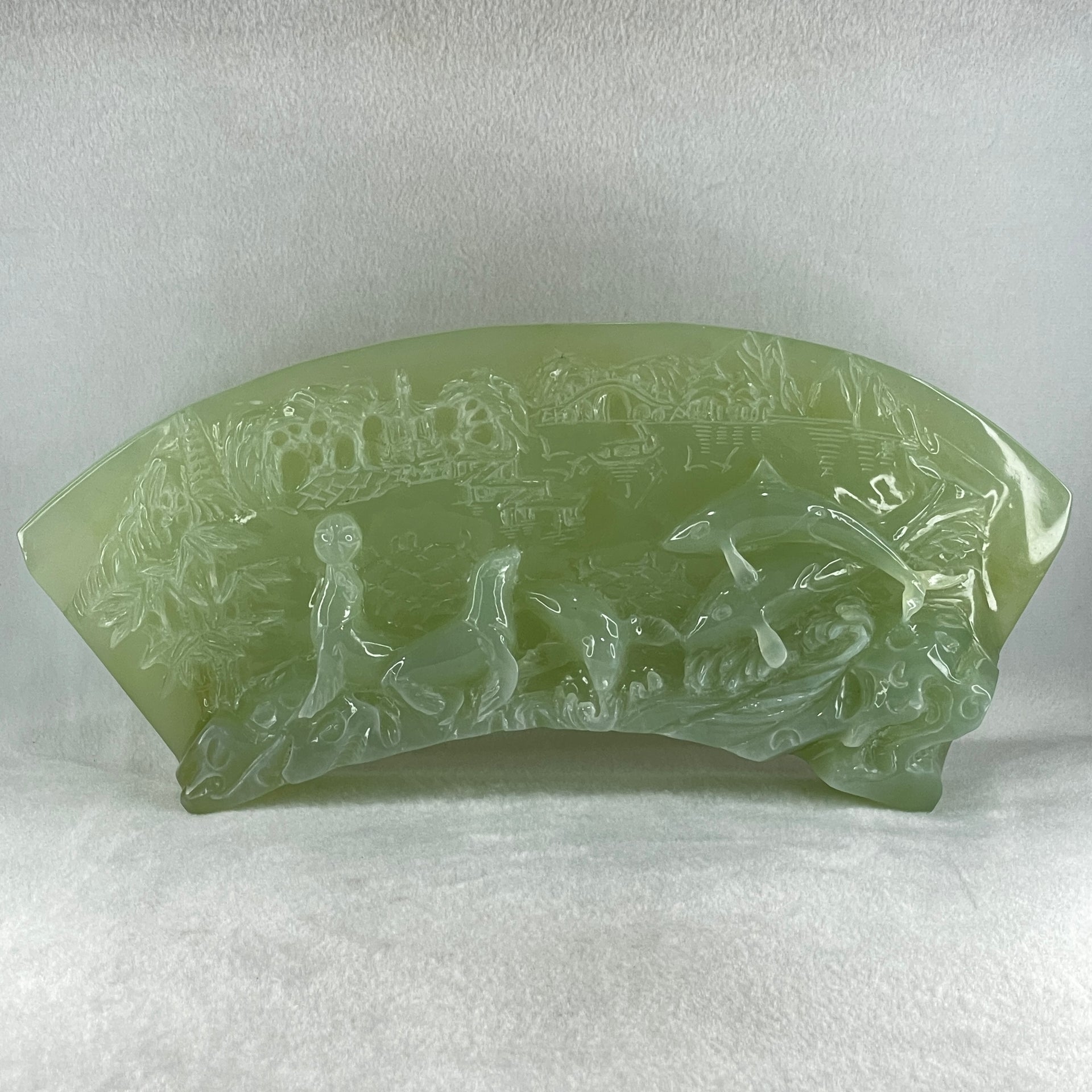 Natural Semi Icy Green Serpentine 3 Seals with Double Whales on Shan Shui with Stone Stand Display  3,486.0g 326.0 by 50.0 by 210.0mm - Huangs Jadeite and Jewelry Pte Ltd
