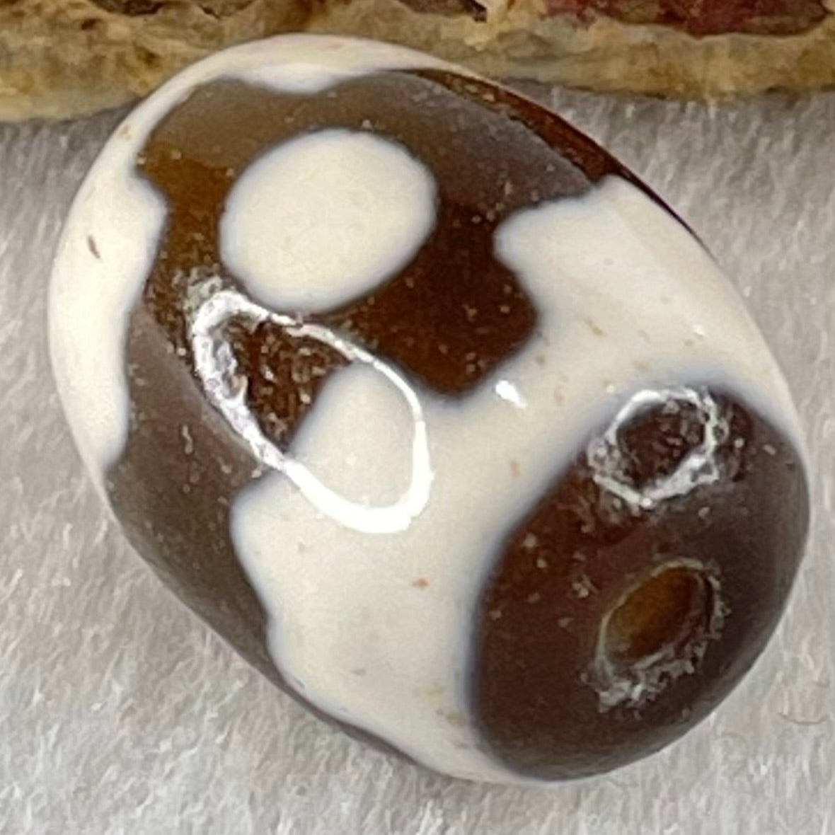 Natural Powerful Tibetan Old Oily Dark Brown With White Agate 3 Eyes Dzi Bead Heavenly Master (Tian Zhu) 三眼天诛 4.25g 17.1 by 12.9mm - Huangs Jadeite and Jewelry Pte Ltd