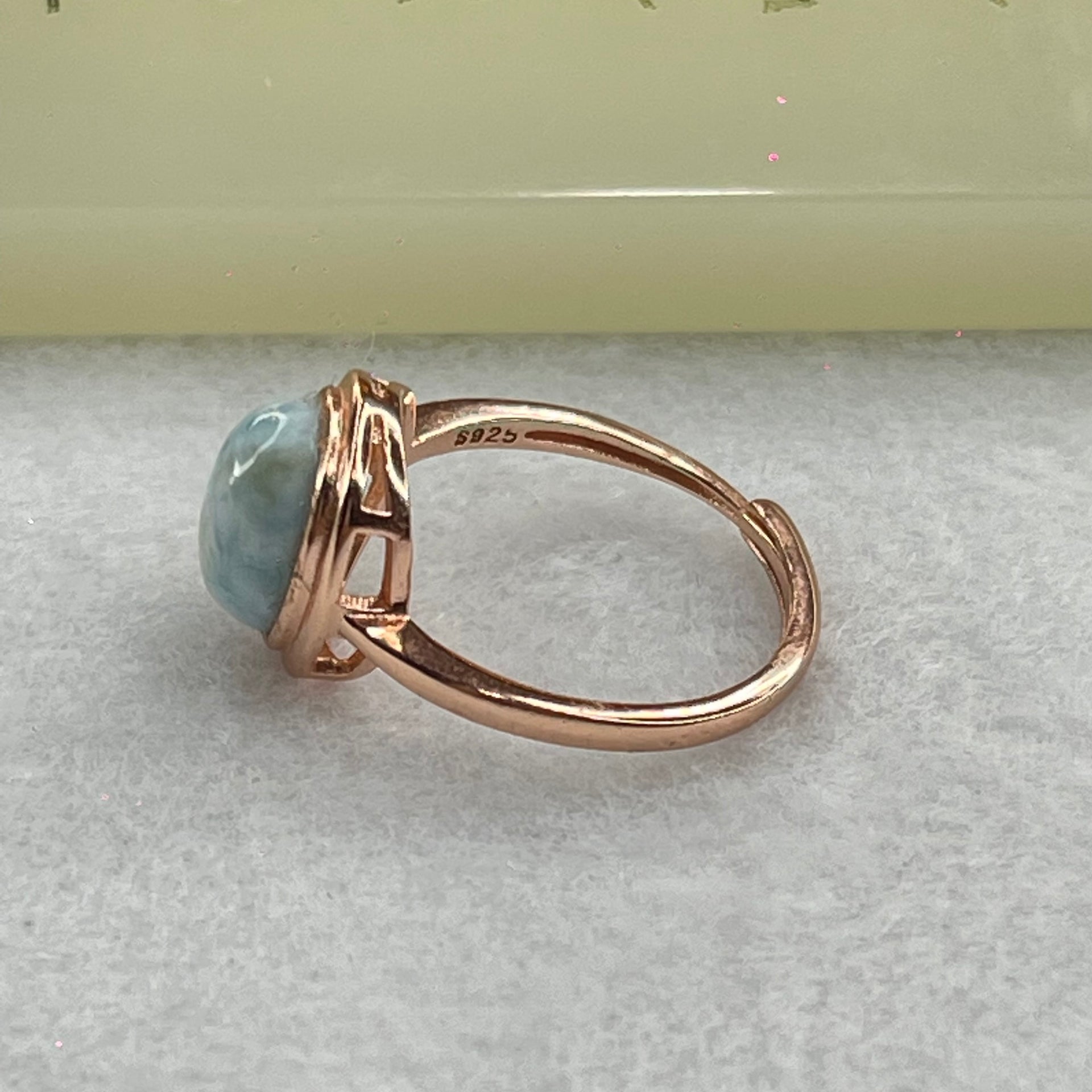 Natural Larimar in S925 Silver Rose Gold Color Ring (Adjustable Size) 2.55g 9.9 by 8.0 by 5.0mm - Huangs Jadeite and Jewelry Pte Ltd