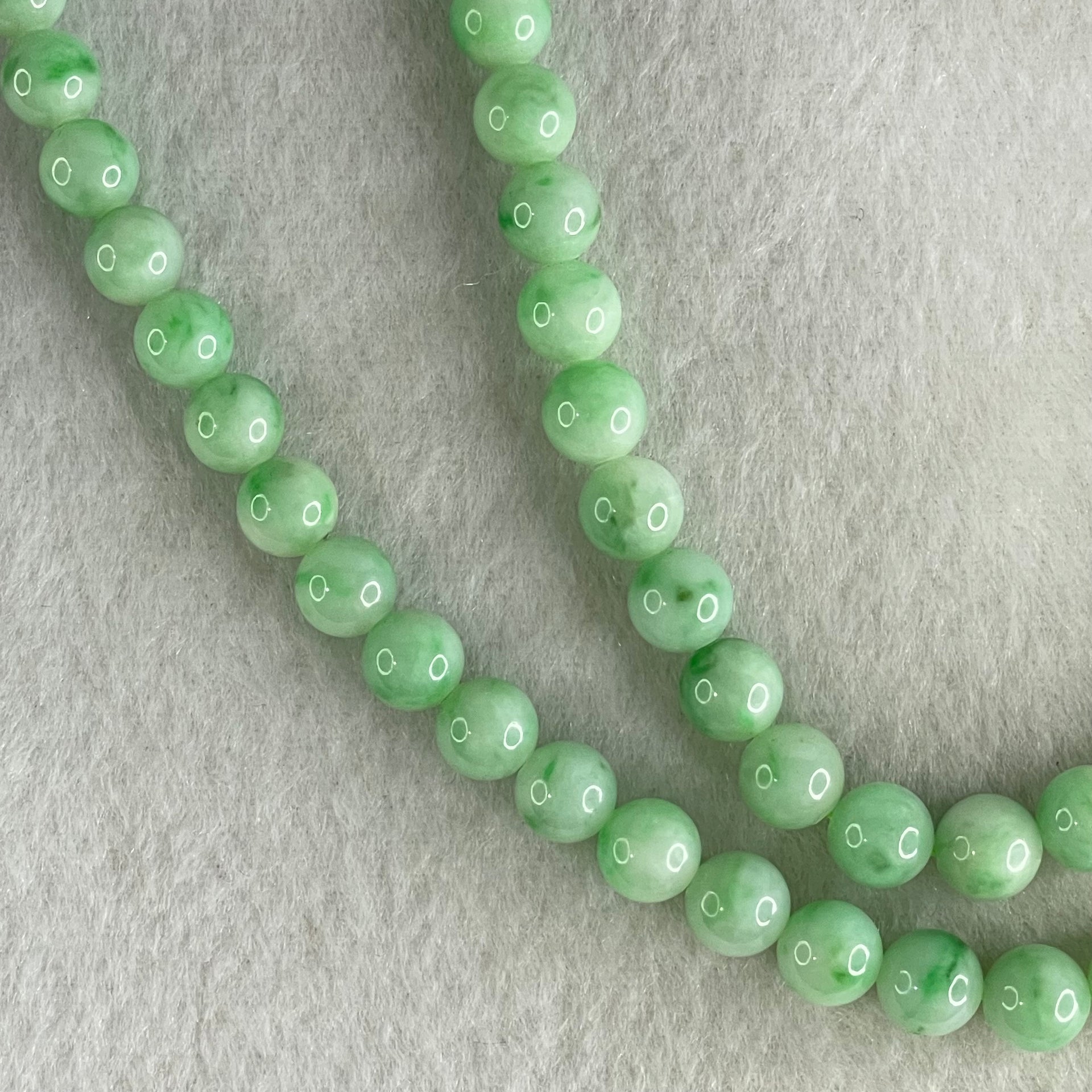Good Grade Type A Apple Green with Emerald Green Piao Hua Jadeite Beads Necklace 55.48g 54cm 7.1 to 8.2mm 73 Beads - Huangs Jadeite and Jewelry Pte Ltd