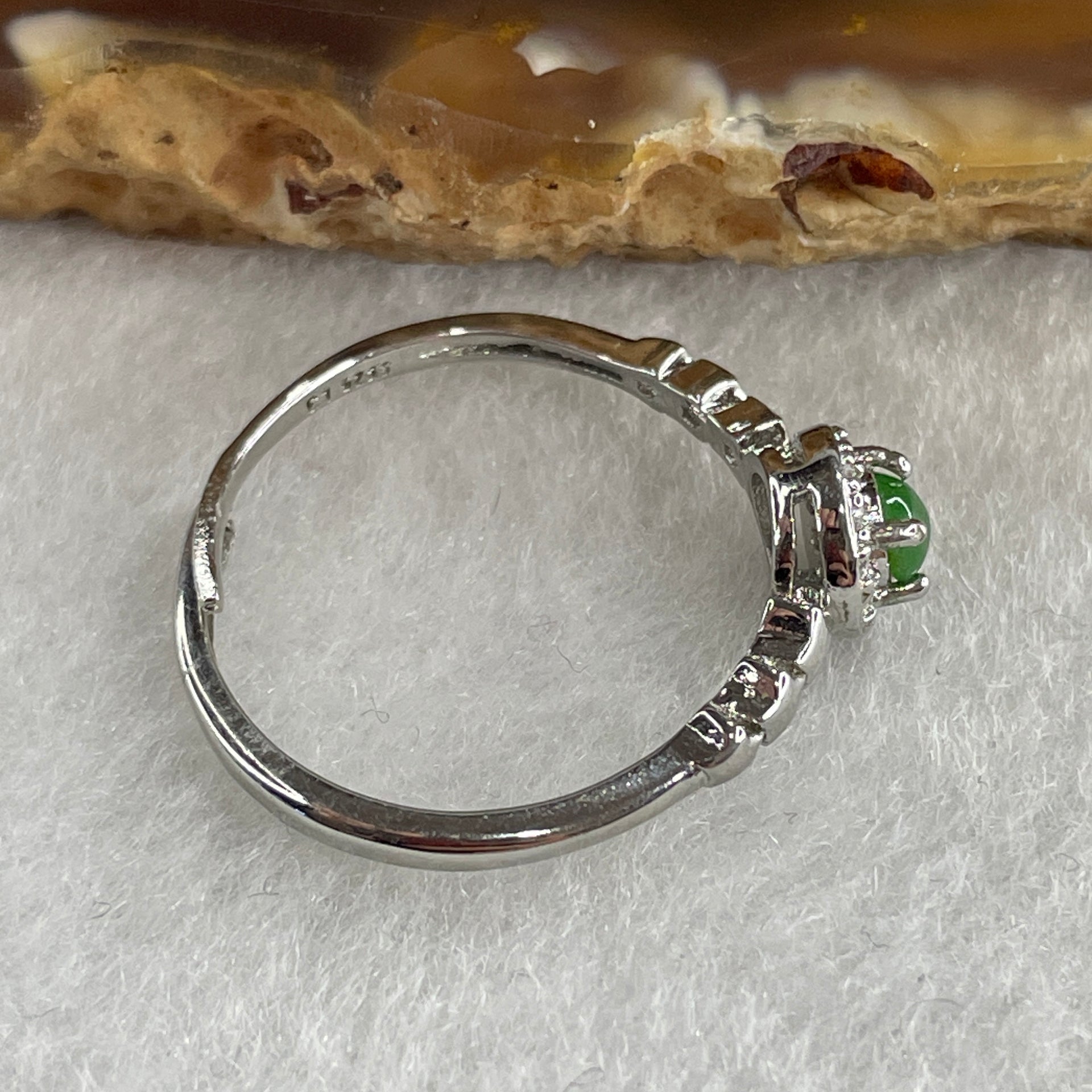 Type A Bright Green Jadeite Ring in S925 Sliver with Cubic Zirconia 1.30g 3.5 by 2.0mm (Adjustable Size) - Huangs Jadeite and Jewelry Pte Ltd