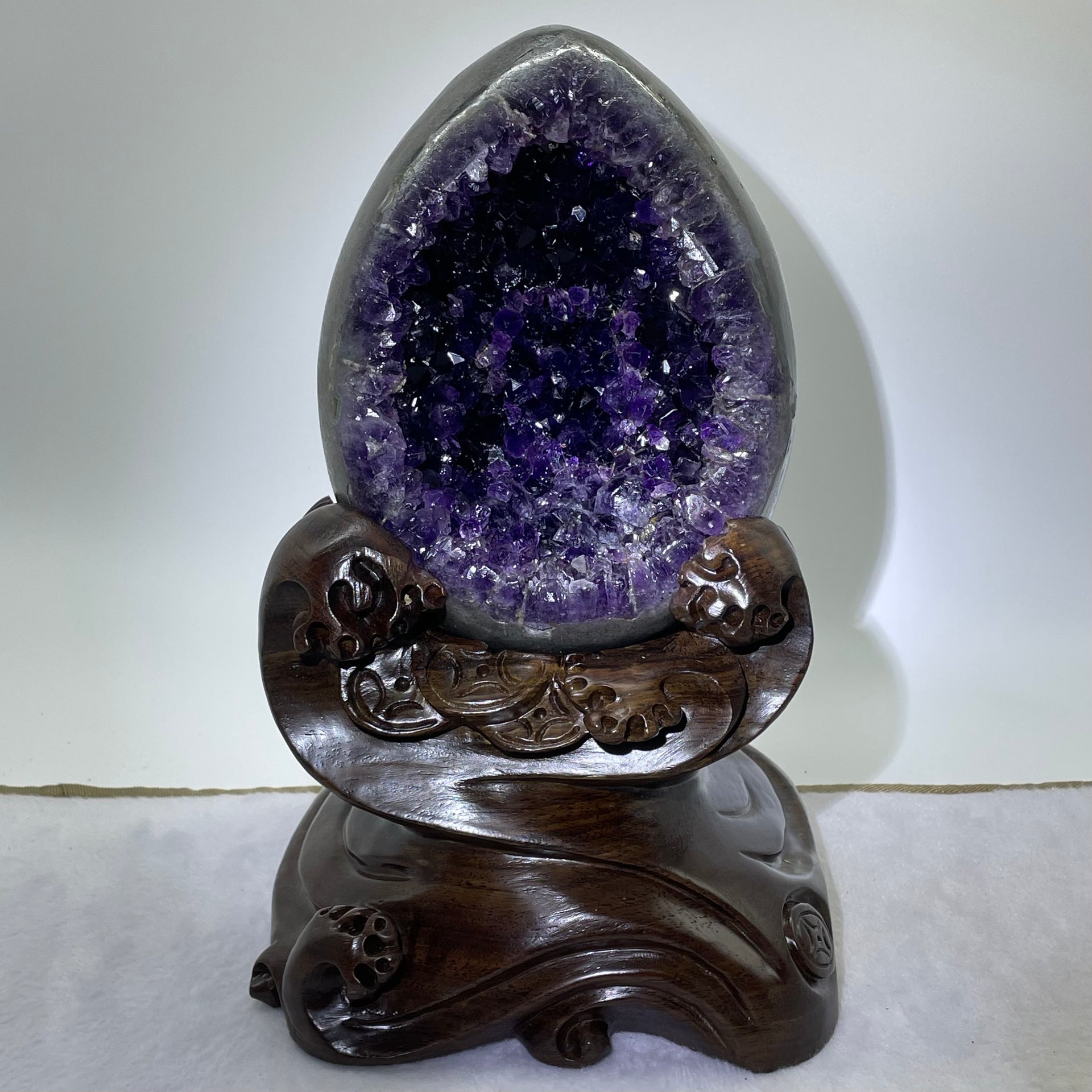 Natural Deep Purple Amethyst Egg with Wooden Stand Display Total 6,107.6g 175.0 by 200.0 by 270.0mm - Huangs Jadeite and Jewelry Pte Ltd