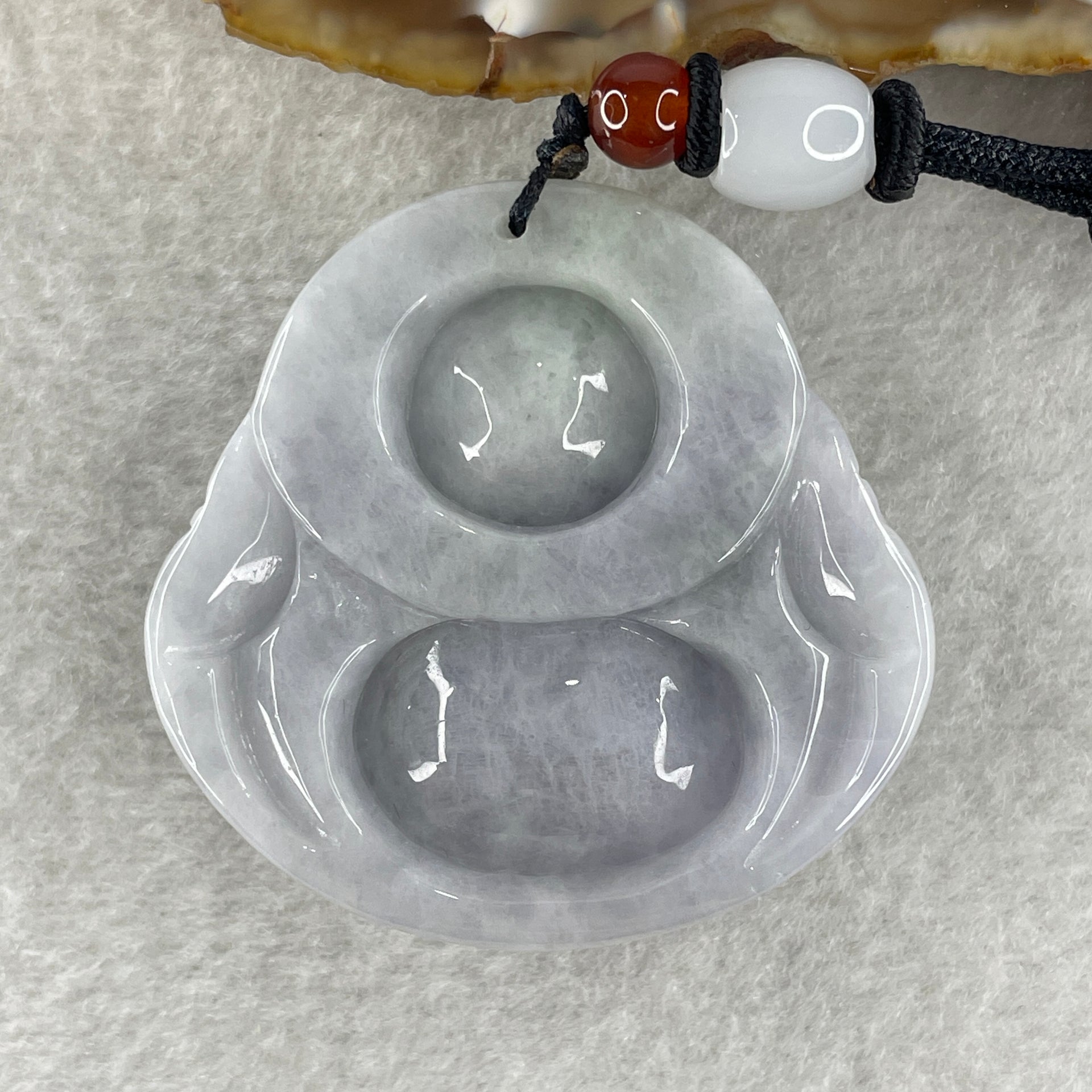 Natural Type A Lavender with Green Spots Jadeite Milo Laughing Buddha Pendant 45.90g 42.3 by 42.9 by 15.8mm - Huangs Jadeite and Jewelry Pte Ltd