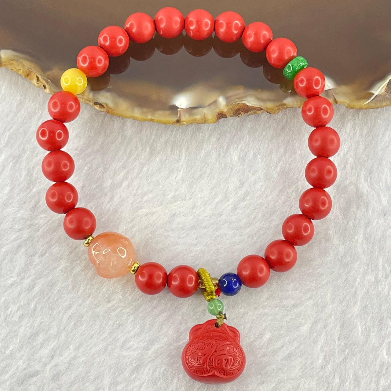 Natural Red Cinnabar Beads Bracelet with Fu Charm and Agate Skull 22.20g 16cm 13.2 by 13.3 by 8.4mm 7.2mm 21 Beads - Huangs Jadeite and Jewelry Pte Ltd