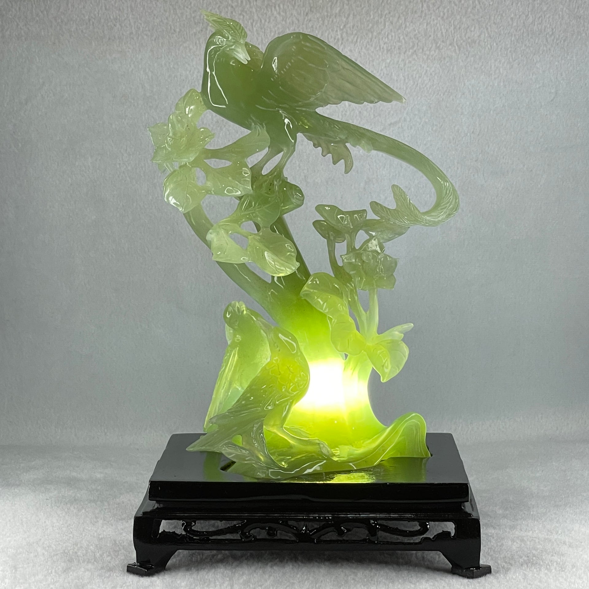 Natural Green Serpentine Phoenix with Double Magpies Birds on Tree with Wooden Stand Display 770.6g 155.0 by 125.0 by 230.0mm - Huangs Jadeite and Jewelry Pte Ltd