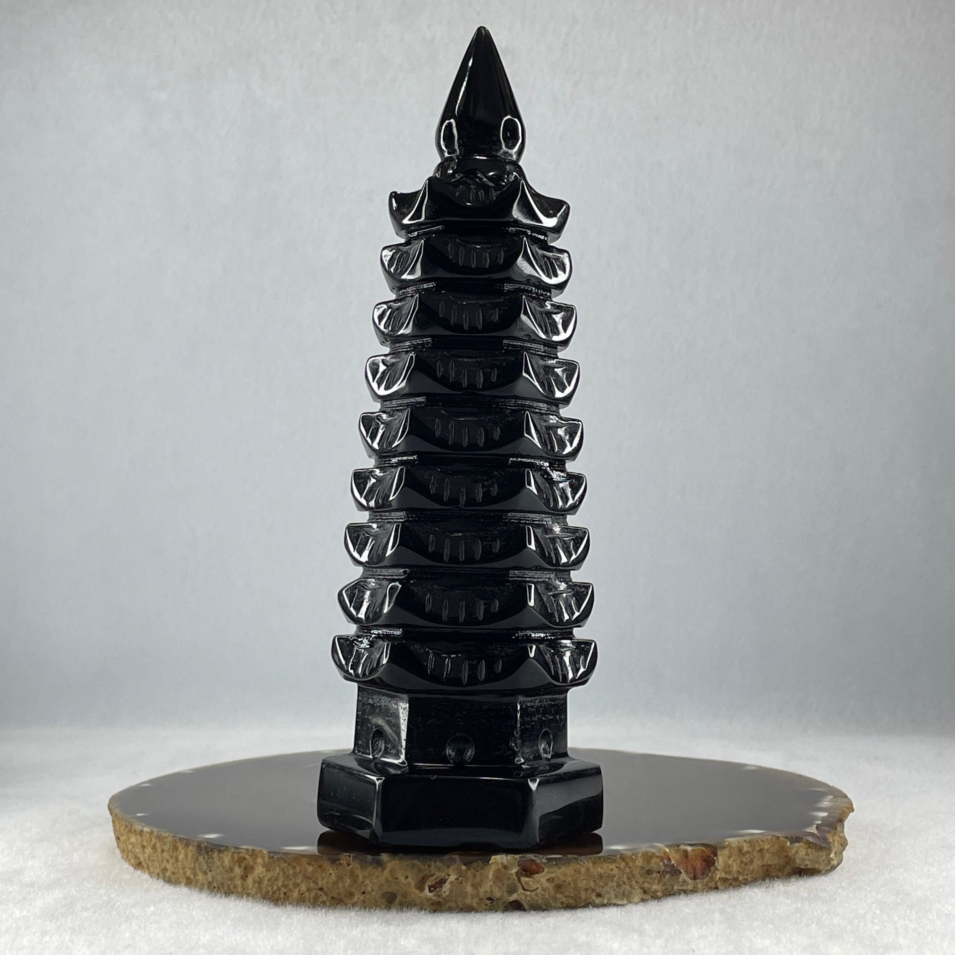 Black Obsidian Pagoda Display 396.8g 50.0 by 55.0 by 160.0mm - Huangs Jadeite and Jewelry Pte Ltd