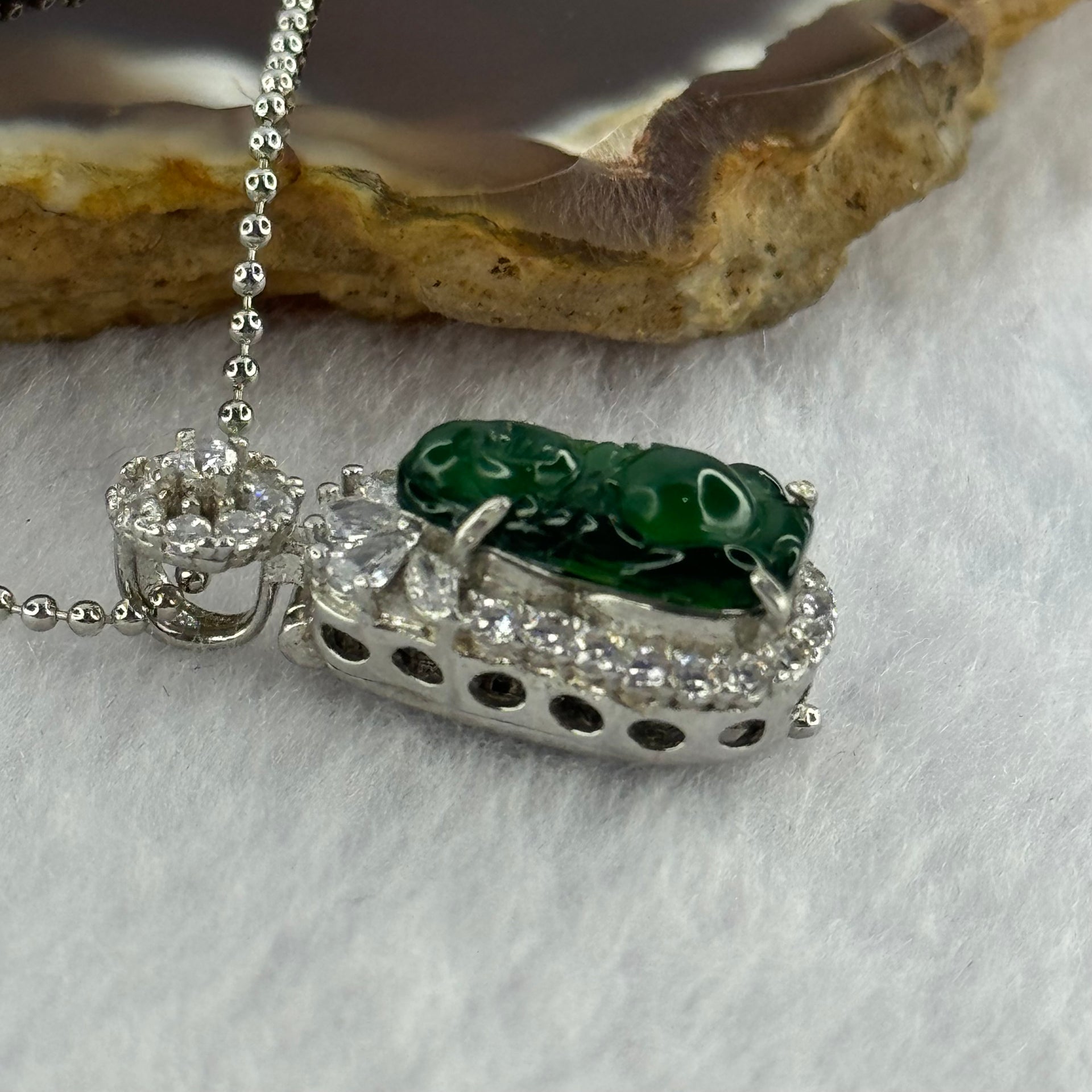 Type A Icy Green Omphasite Jadeite Milo Buddha 12.8 by 7.1 by 3.5mm with Crystals in S925 Sliver Necklace 2.87g - Huangs Jadeite and Jewelry Pte Ltd