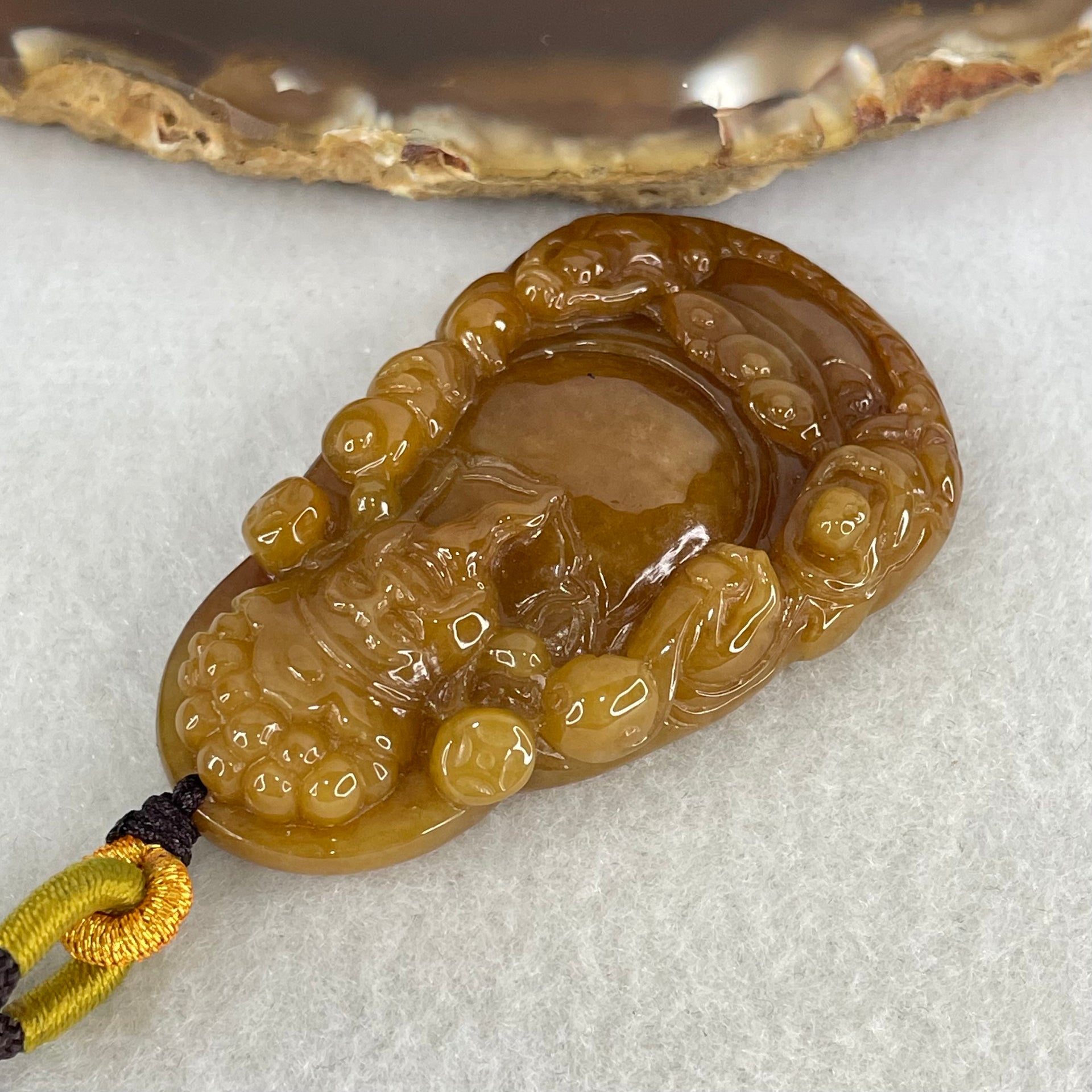 Grand Master Type A Brownish Red with Green Jadeite Cai Shen Ye God of Fortune Pendant 27.91g 53 by 32.7 by 10.5mm - Huangs Jadeite and Jewelry Pte Ltd