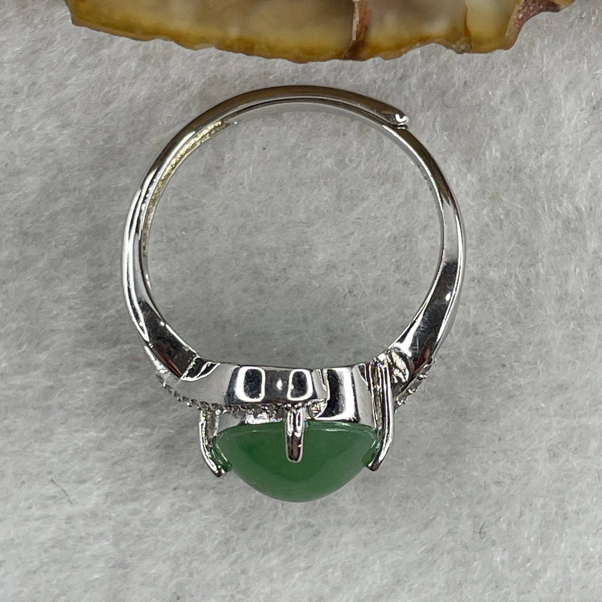 Type A Green Jadeite Ring in S925 Sliver with Cubic Zirconia 2.67g 9.5 by 8.7 by 4.0mm (Adjustable Size) - Huangs Jadeite and Jewelry Pte Ltd