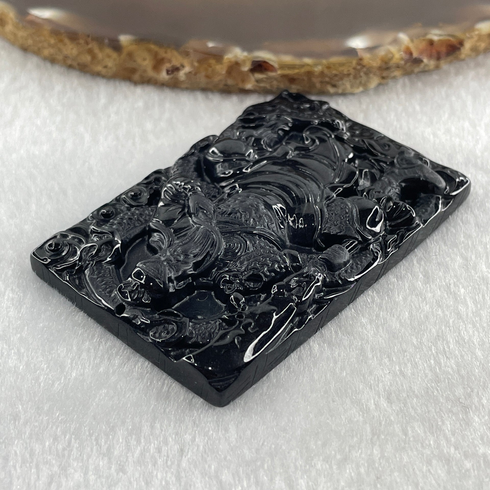 Type A Opaque to Partial Translucent Black Omphacite Jadeite Guan Gong with Dragon Pendant 33.76g 61.3 by 41.6 by 7.2mm - Huangs Jadeite and Jewelry Pte Ltd