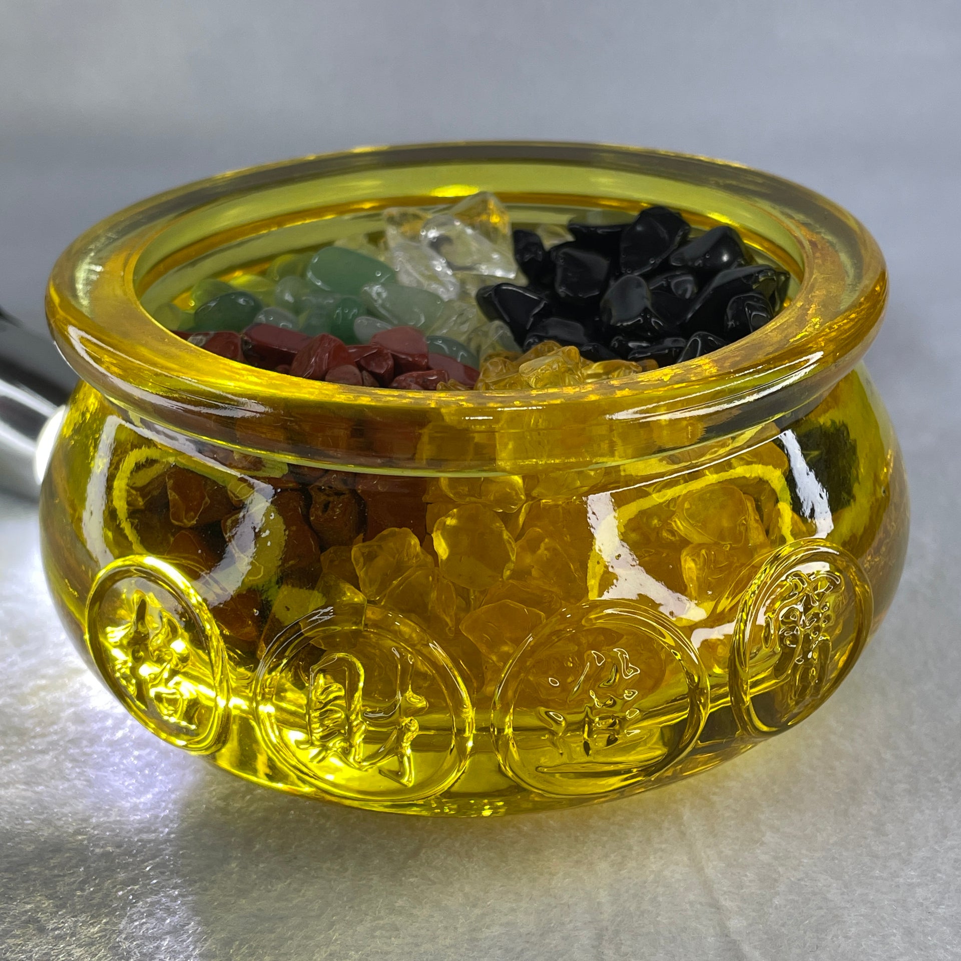 Yellow Liuli Wealth Pot with Five Element Crystal Fragment (Clear Quartz, Black Obsidian, Red Jasper, Citrine, Serpentine) with Wooden Stand Display Total Weight 1,03.48g 118.3 by 62.5mm - Huangs Jadeite and Jewelry Pte Ltd