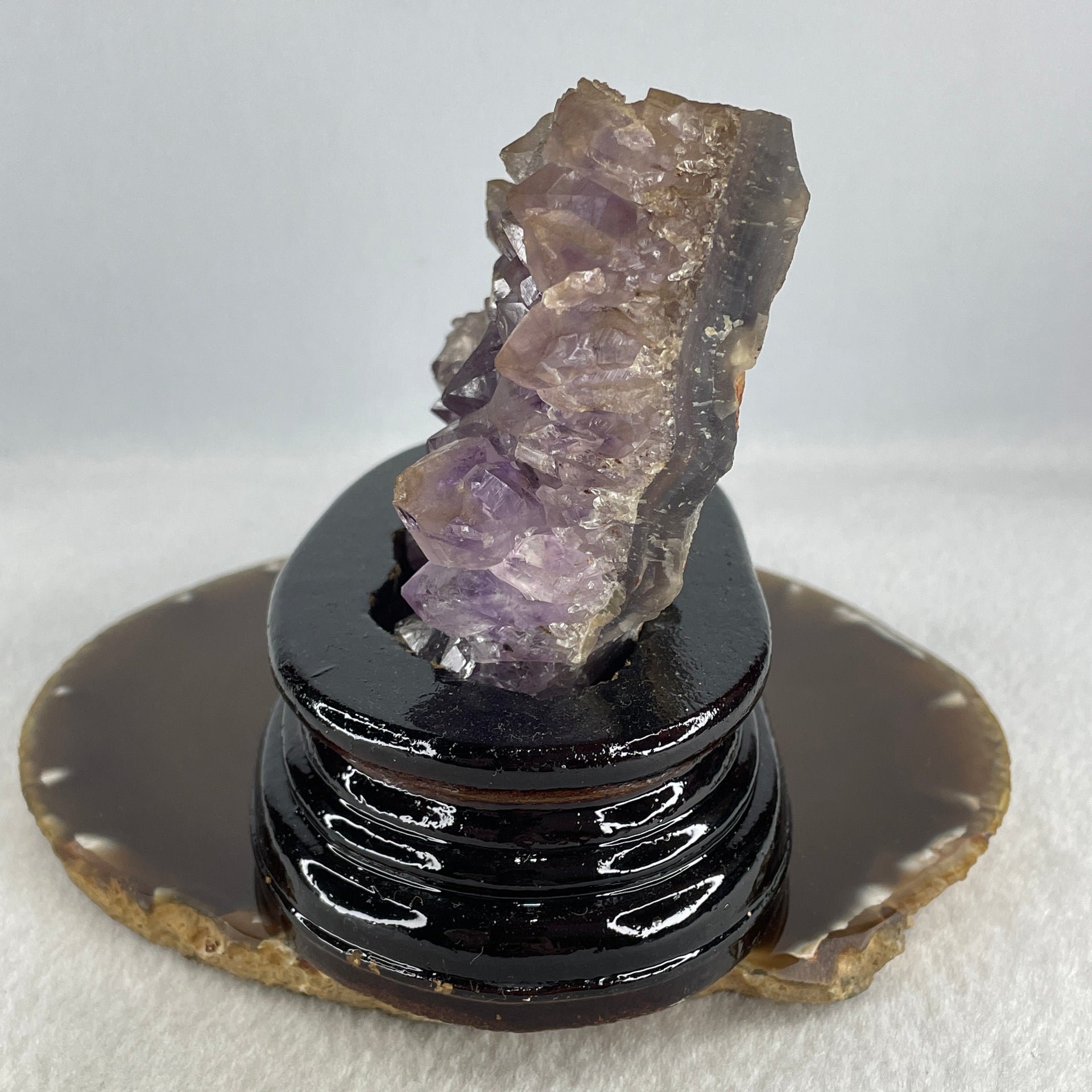 Natural Amethyst Crystal Cluster Display with Wooden Stand 520.8g 124.8 by 76.9 by 110.0mm - Huangs Jadeite and Jewelry Pte Ltd