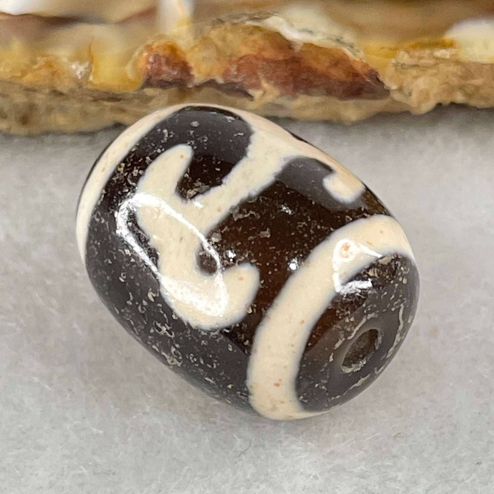 Natural Powerful Tibetan Old Oily Black White Agate Green Tara Dzi Bead Heavenly Master (Tian Zhu) 绿度母天珠 4.78g 17.4 by 13.4mm - Huangs Jadeite and Jewelry Pte Ltd