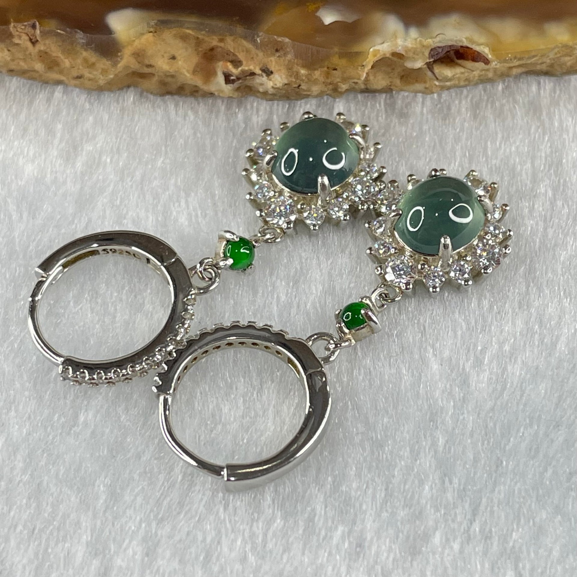 Type A icy Blueish Green Jadeite Cabochons With Crystals in S925 Sliver Earrings 4.51g 7.7 by 6.7 by 3.5mm - Huangs Jadeite and Jewelry Pte Ltd
