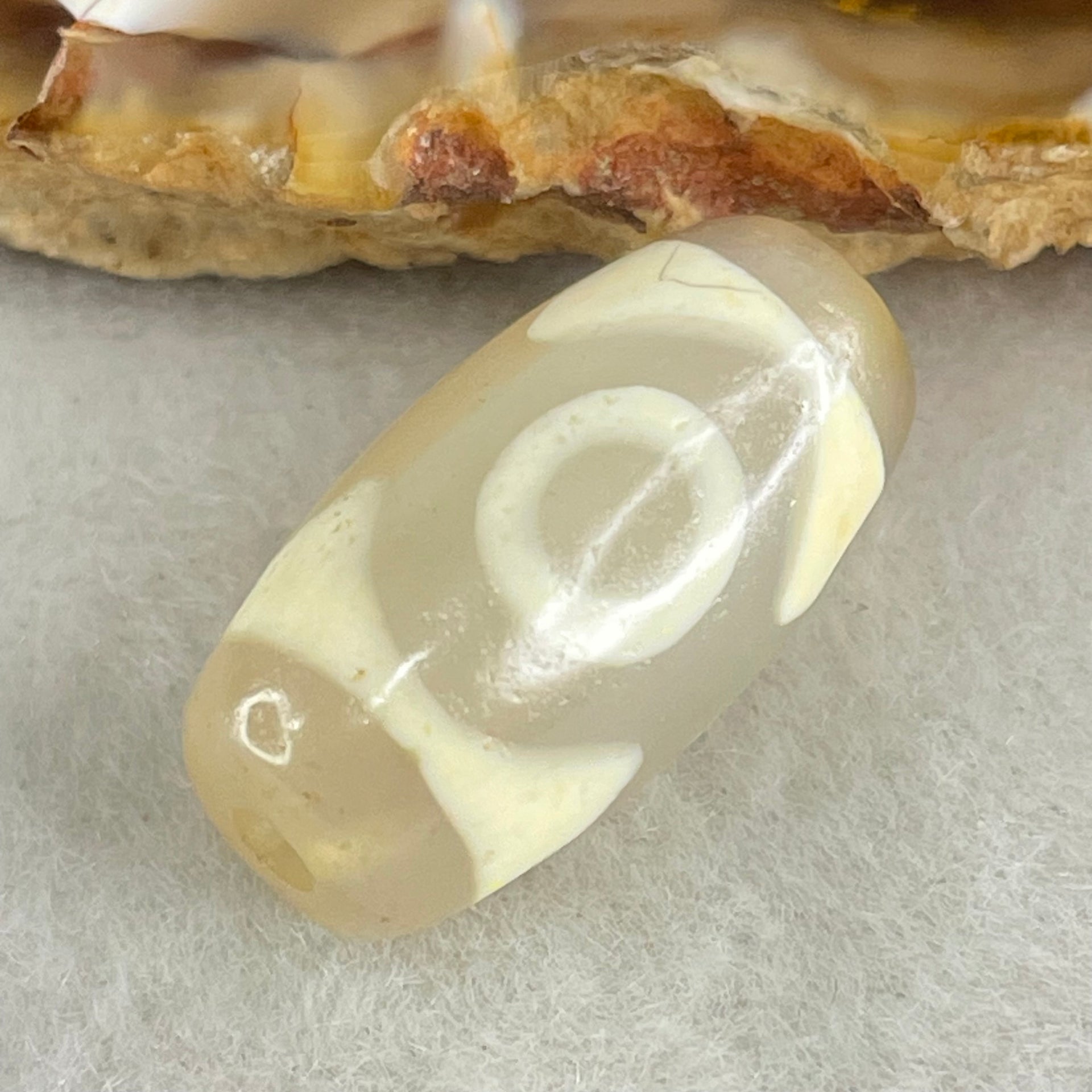 Natural Powerful Tibetan Old Oily Agate 3 Eyes Dzi Bead Heavenly Master (Tian Zhu) 三眼天诛 3.10g 19.9 by 10.4mm - Huangs Jadeite and Jewelry Pte Ltd