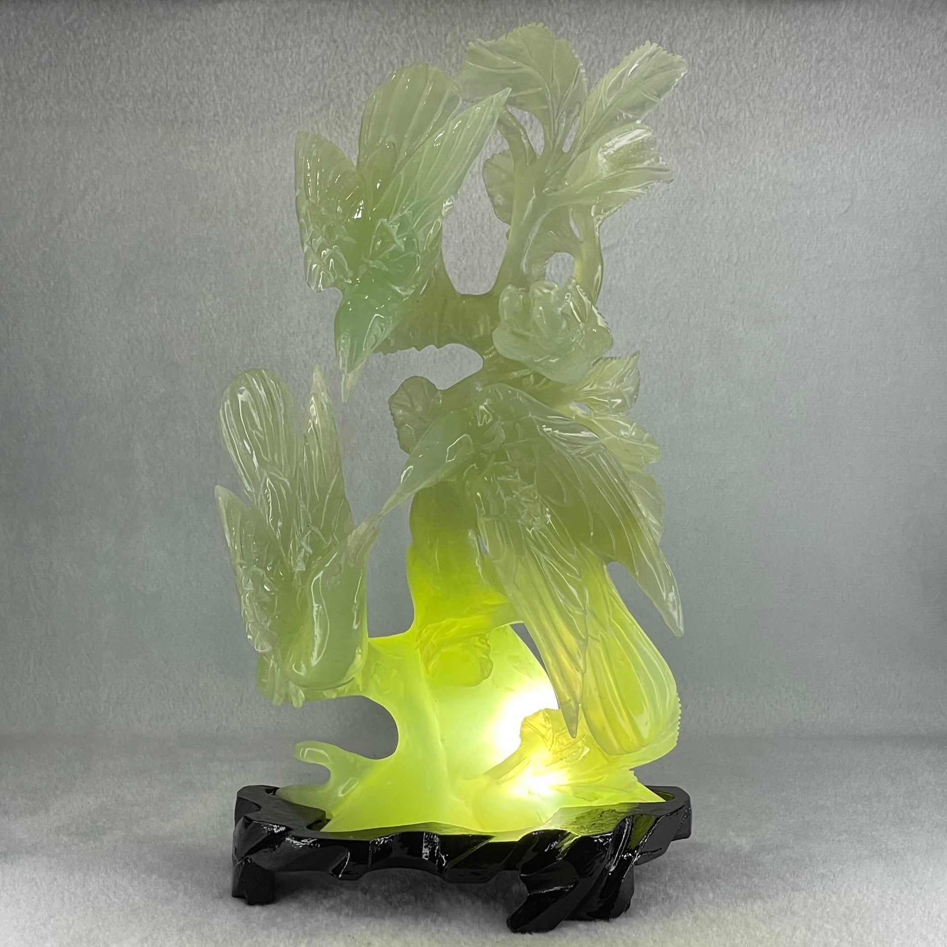 Natural Green Serpentine 3 Magpie Birds on Tree with Wooden Stand Display 939.0g 147.0 by 272.0 by 92.0mm - Huangs Jadeite and Jewelry Pte Ltd