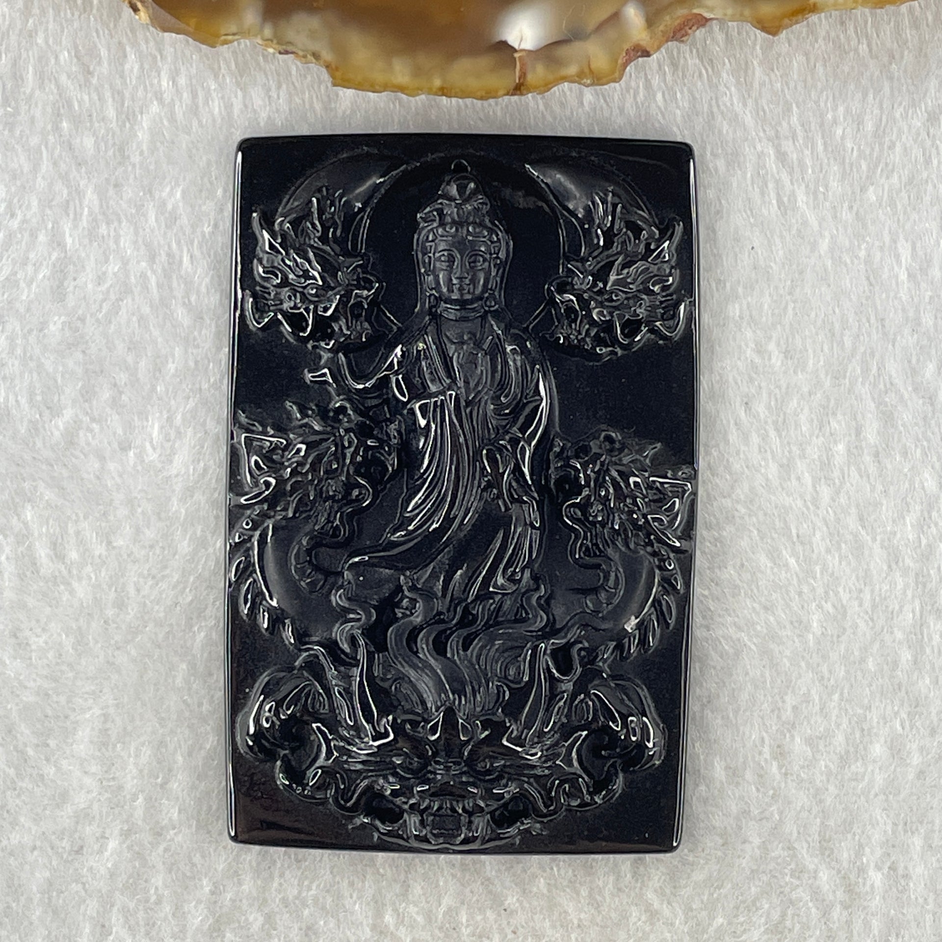 Type A Opaque to Partial Translucent Black Omphacite Jadeite Guan Yin with 5 Dragons Pendant 24.09g 60.5 by 39.6 by 7.8mm - Huangs Jadeite and Jewelry Pte Ltd
