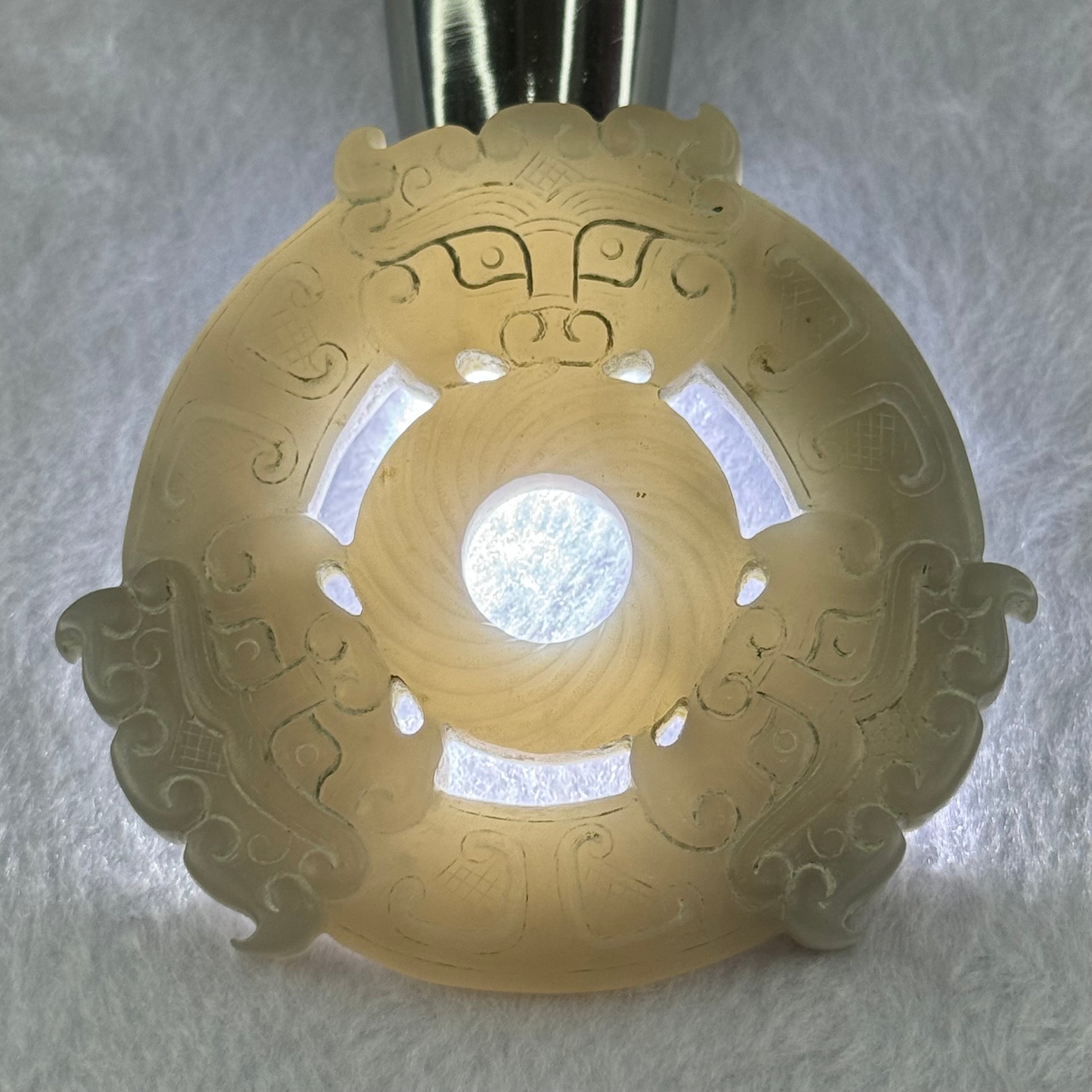 Rare Natural Greyish Lavender Nephrite 3 Mystical Beasts Double Ping An Kou Donut Ornament for Protection and Prosperity 108.05g 80.3 by 73.8 by 10.9mm - Huangs Jadeite and Jewelry Pte Ltd