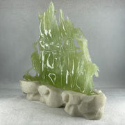 Natural Icy Green Serpentine 6 Cranes with Bamboo Shoots on Shan Shui with White Stone Stand Display 3,171.9g 270.0 by 102.0 by 236.0mm - Huangs Jadeite and Jewelry Pte Ltd
