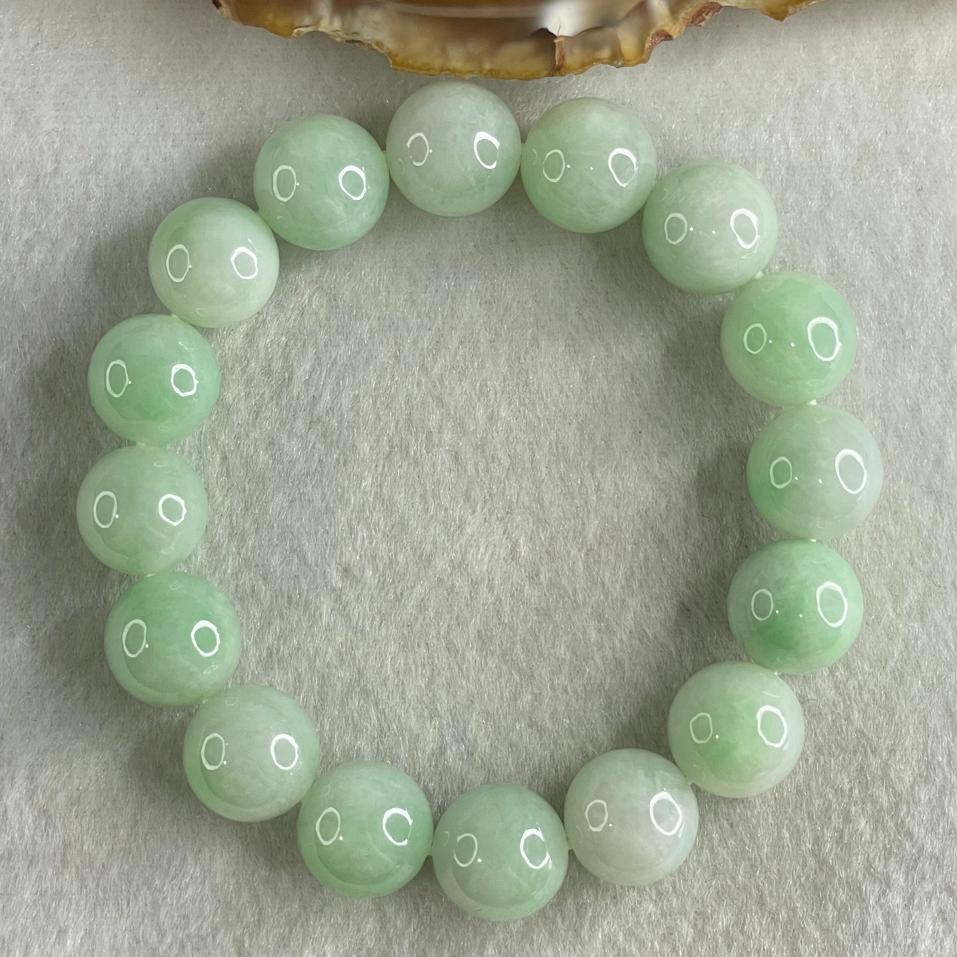 Type A Light Green Jadeite Beads Bracelet 54.51g 16cm 12.7mm 16 Beads - Huangs Jadeite and Jewelry Pte Ltd