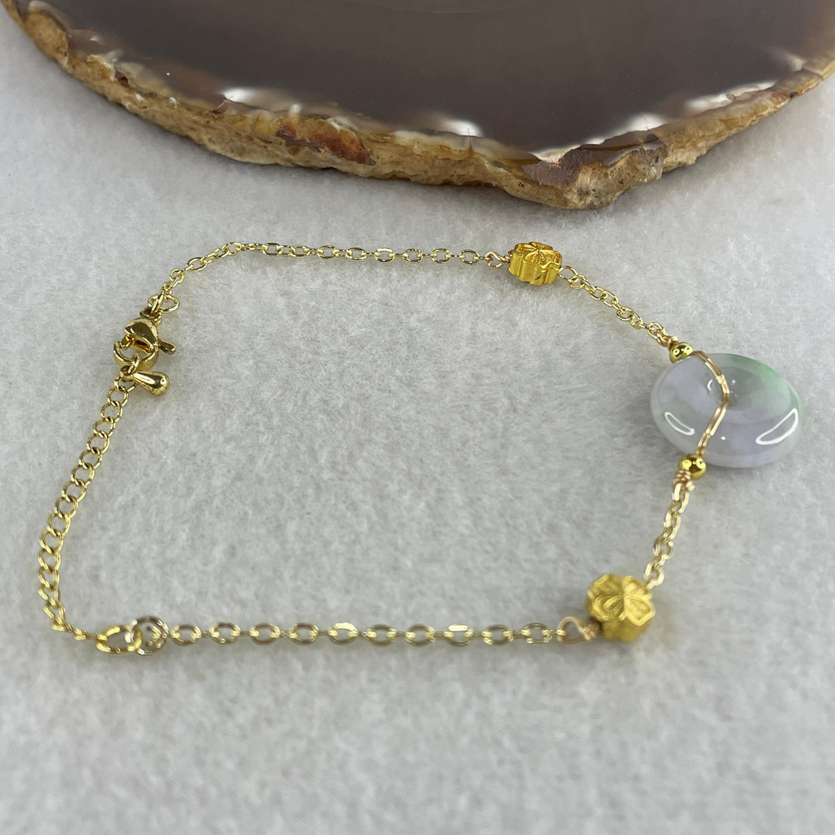 Natural Type A Lavender & Green Jadeite Ping An Kou Gold Accent Bracelet | Peace Disc Adjustable Bracelet (6.55g | 13–21cm | 17.2 x 5.5mm) - Huangs Jadeite and Jewelry Pte Ltd