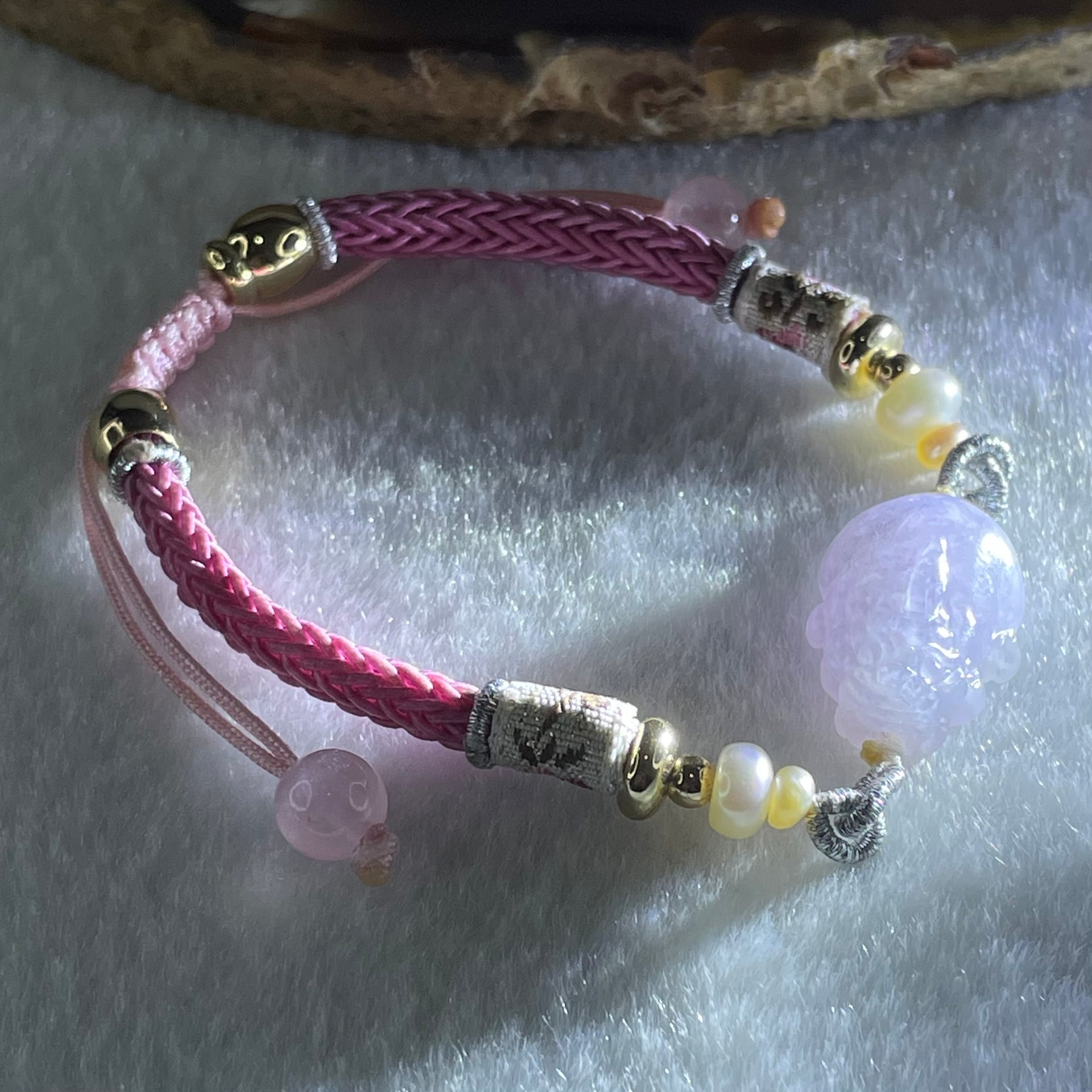 Type A Lavender Jadeite Male Pixiu Charm in String Bracelet 7.02g 17.2 by 12.4 by 7.5mm - Huangs Jadeite and Jewelry Pte Ltd