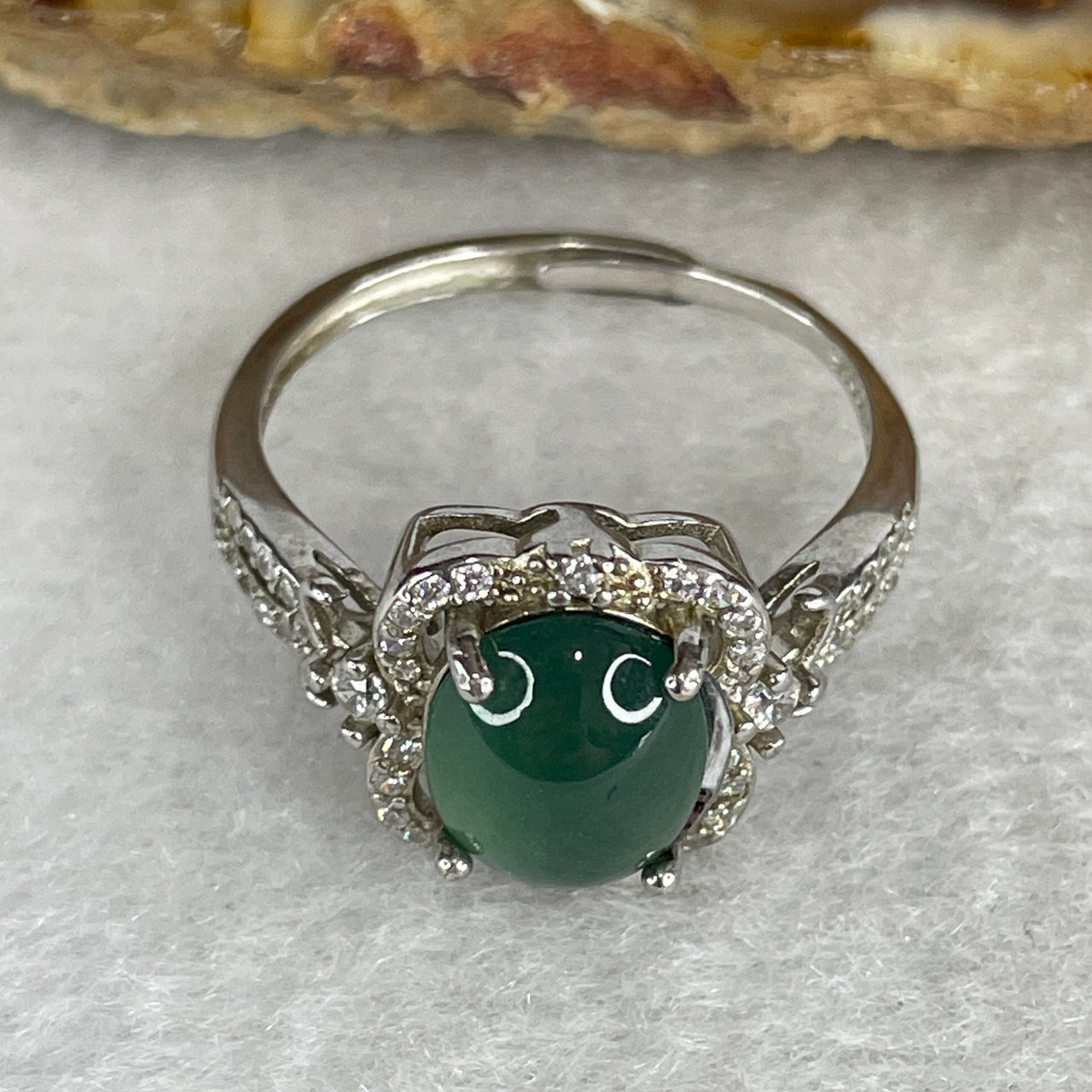Type A Icy Light Blueish-Green Jadeite High-Dome Cabochon Ring | Liquid-Glass Translucent Cushion Orb | Solid S925 Sterling Silver Setting | Smart Adjustable Sizing (2.87g 9.3x7.5x4.0mm)