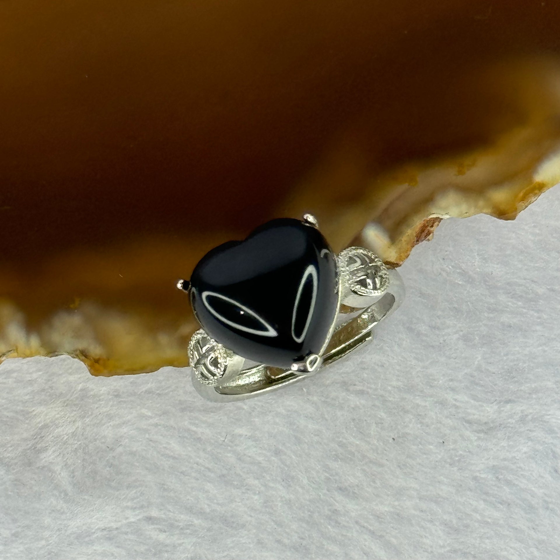 Natural Black Obsidian in S925 Sliver Ring (Adjustable Size) 3.47g 12.2 by 11.5 by 7.1mm - Huangs Jadeite and Jewelry Pte Ltd
