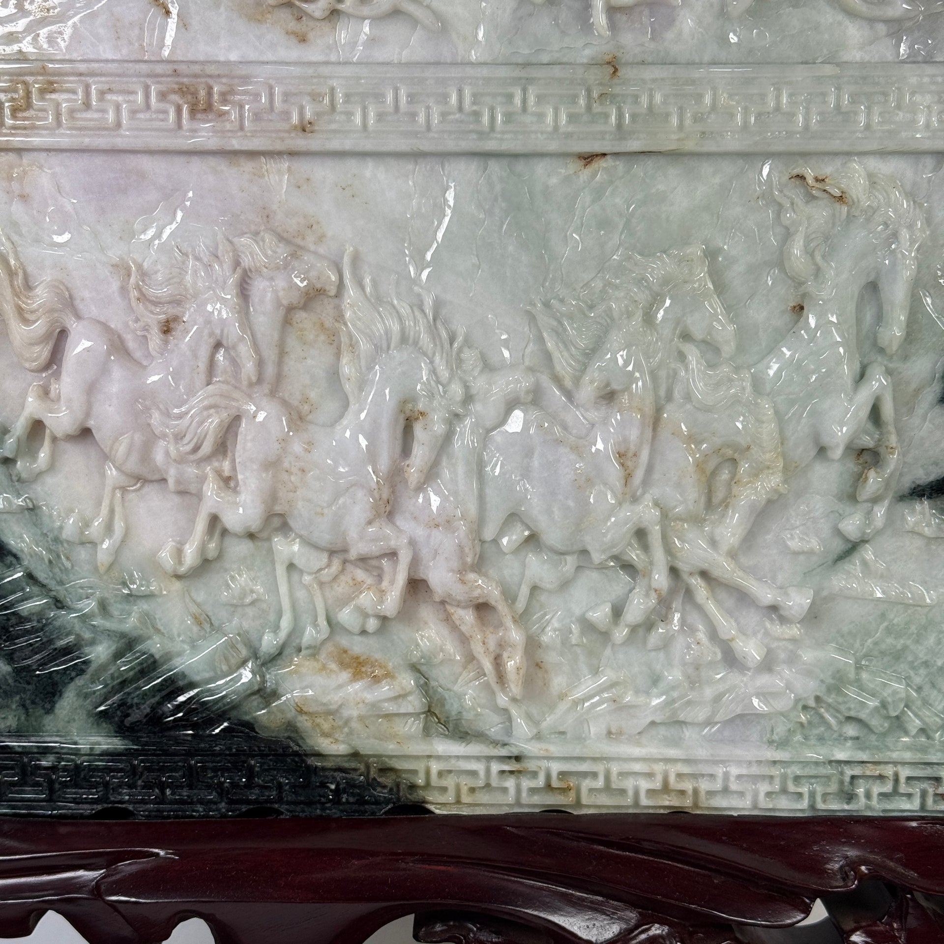 Natural Type A Light Green Light Lavender with Dark Green Patches Jadeite 8 Prosperity Horses with Wooden Stand Display 9,352.7g 275.0 by 100.0 by 360.0mm - Huangs Jadeite and Jewelry Pte Ltd