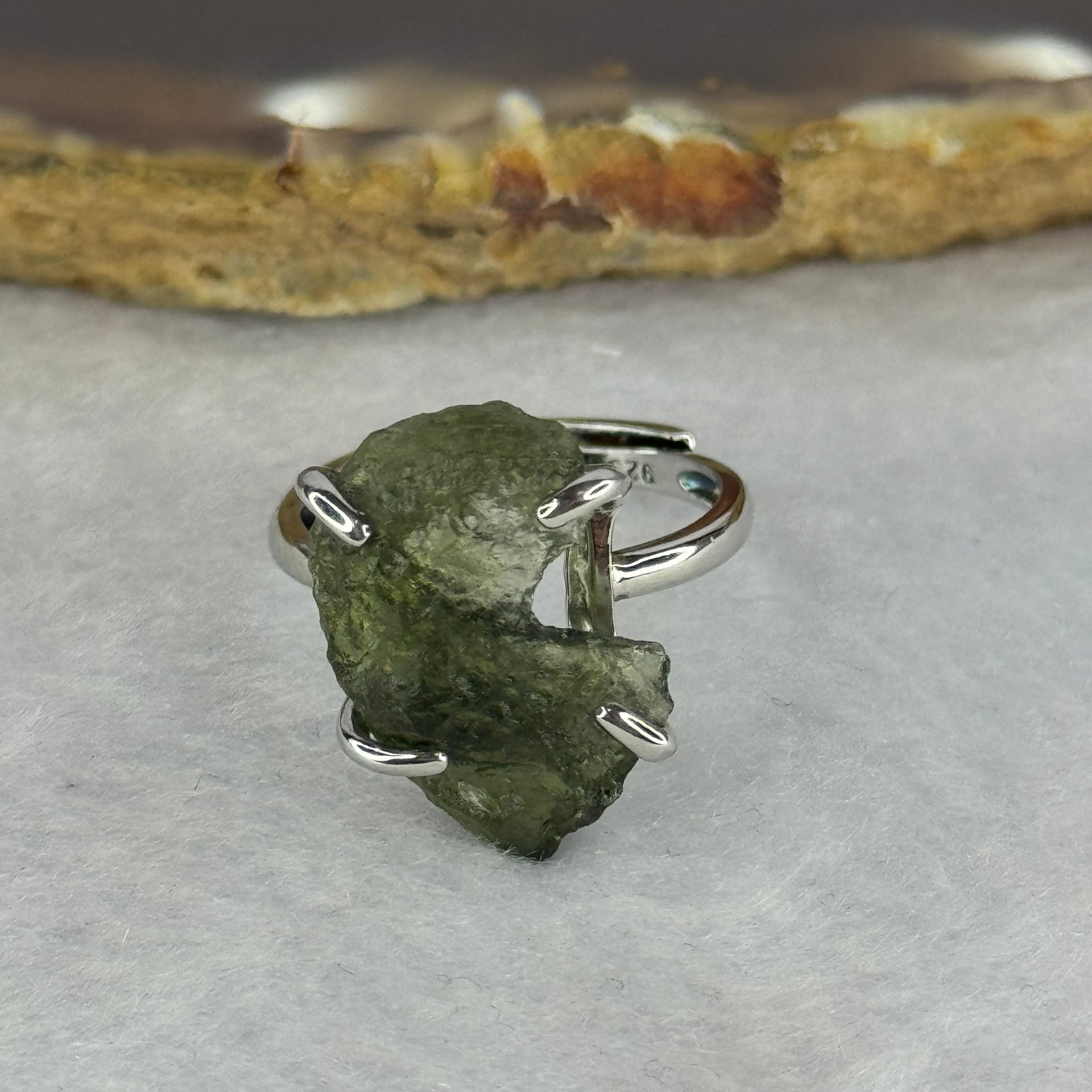Natural Czech Republic Moldavite Meteorite Crystal in S925 Sliver Ring (Adjustable Size) 天然捷克陨石925银戒指 3.81g 18.3 by 12.9 by 4.5mm - Huangs Jadeite and Jewelry Pte Ltd