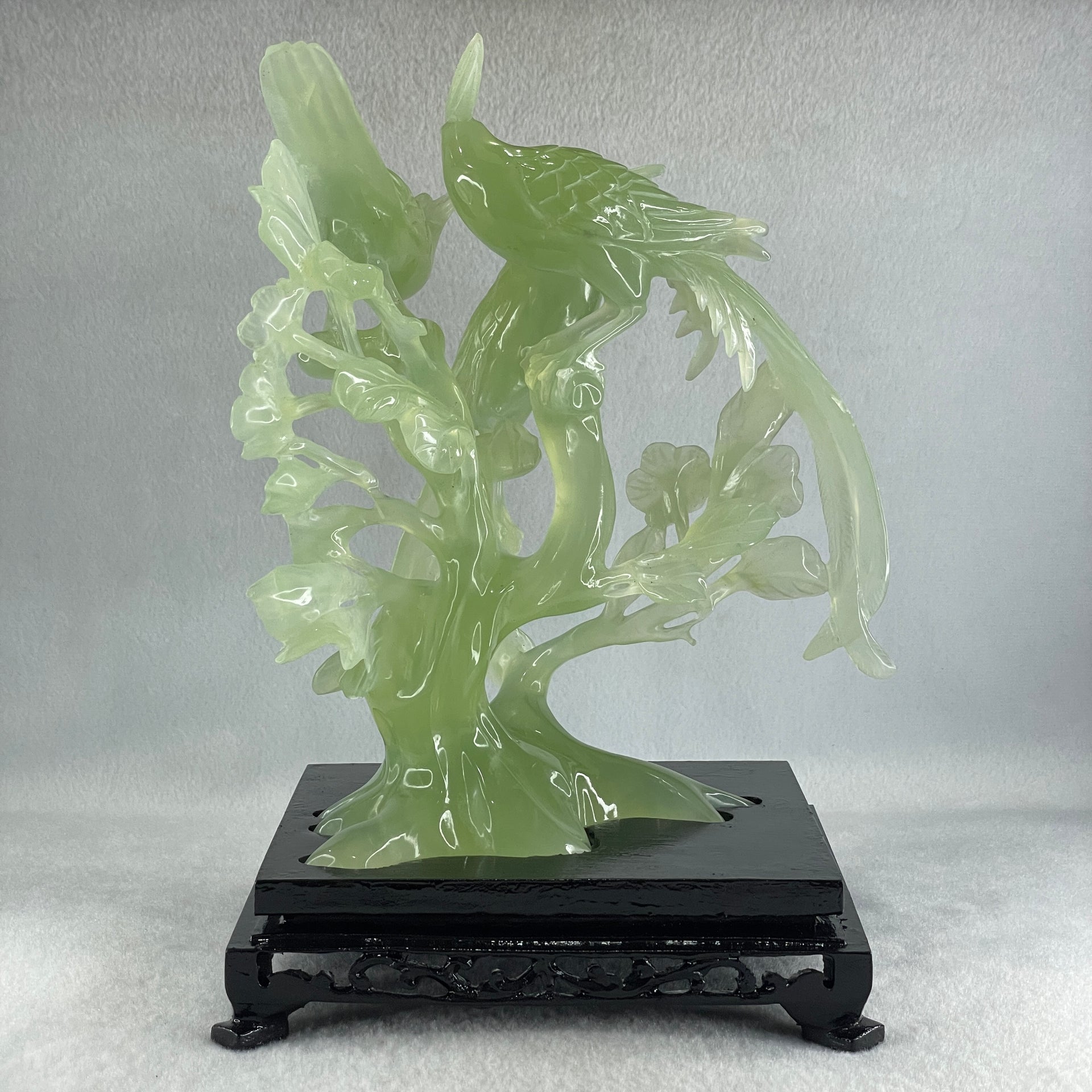 Natural Green Serpentine 3 Phoenix on Tree with Wooden Stand Display 1,022.5g 175.0 by 150.0 by 245.0mm - Huangs Jadeite and Jewelry Pte Ltd