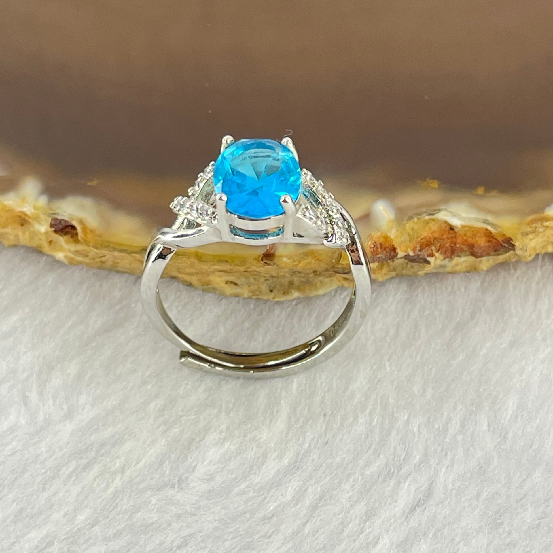 Blue Cubic Zirconia with Crystals in PT950 Plated Sliver Ring (Adjustable Size) 2.17g 8.4 by 6.8 by 4.5mm - Huangs Jadeite and Jewelry Pte Ltd