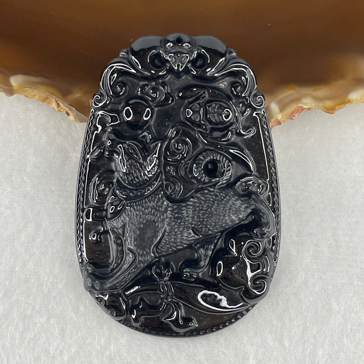 Certified Type A Opaque Black Omphacite Jadeite Dog, Bat & Ruyi Pendant | Loyalty, Swift Fortune & Authority Talisman (21.58g | 59.1 x 40.3 x 7.0mm)