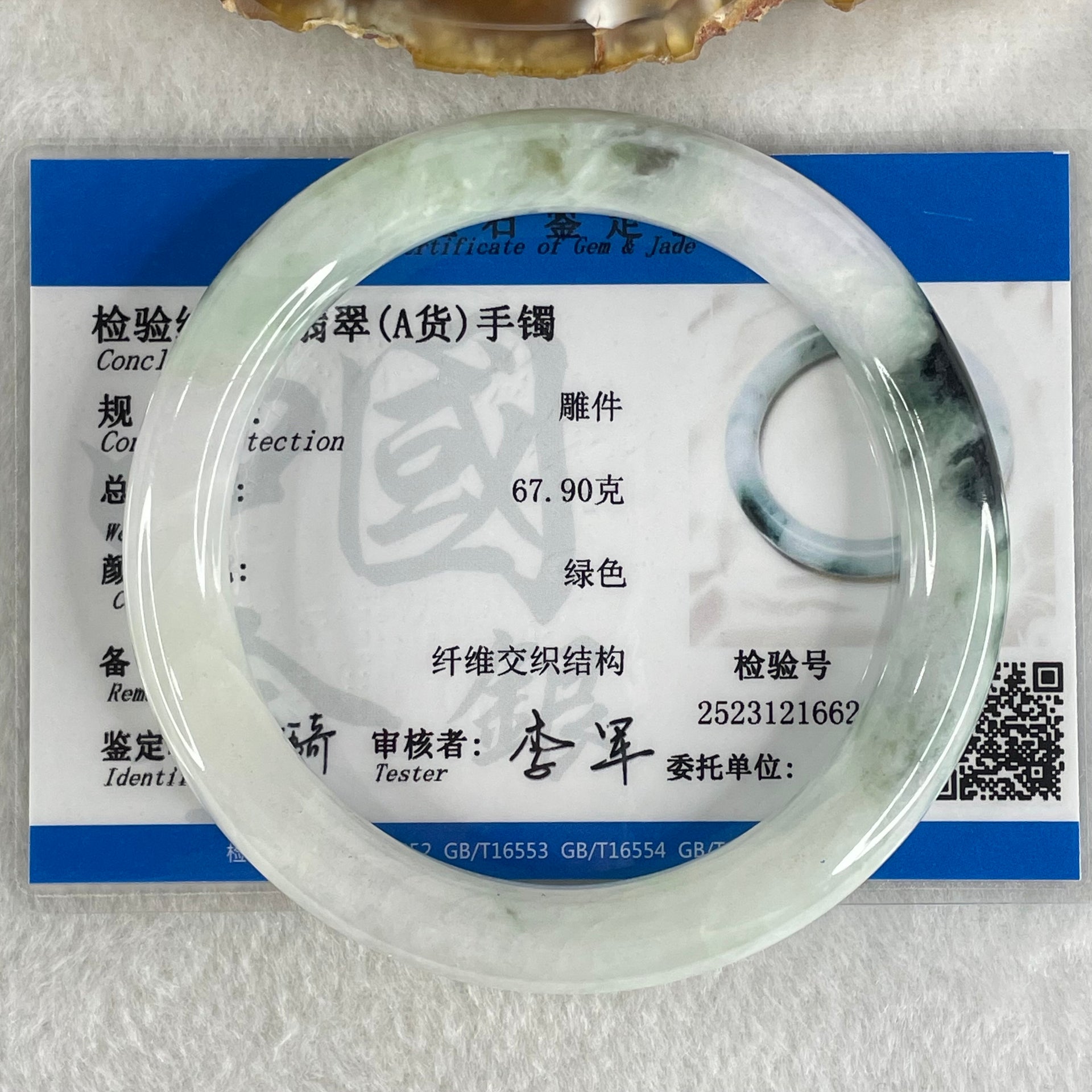 Type A Light Green with Green piao Hua Floral Jadeite Bangle 45.49g Inner Diameter 56.9mm 9.6 by 9.3mm (Internal Lines) - Huangs Jadeite and Jewelry Pte Ltd