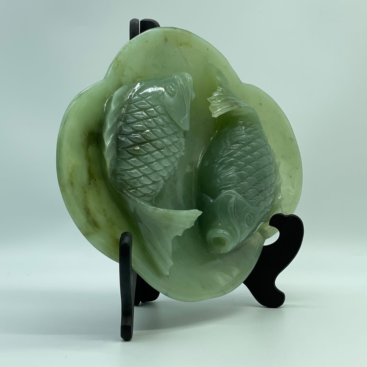 Natural Green Serpentine Double Carp Fish on Plate with Wooden Stand Display 2,601.9g 273.0 by 114.0 by 252.0mm